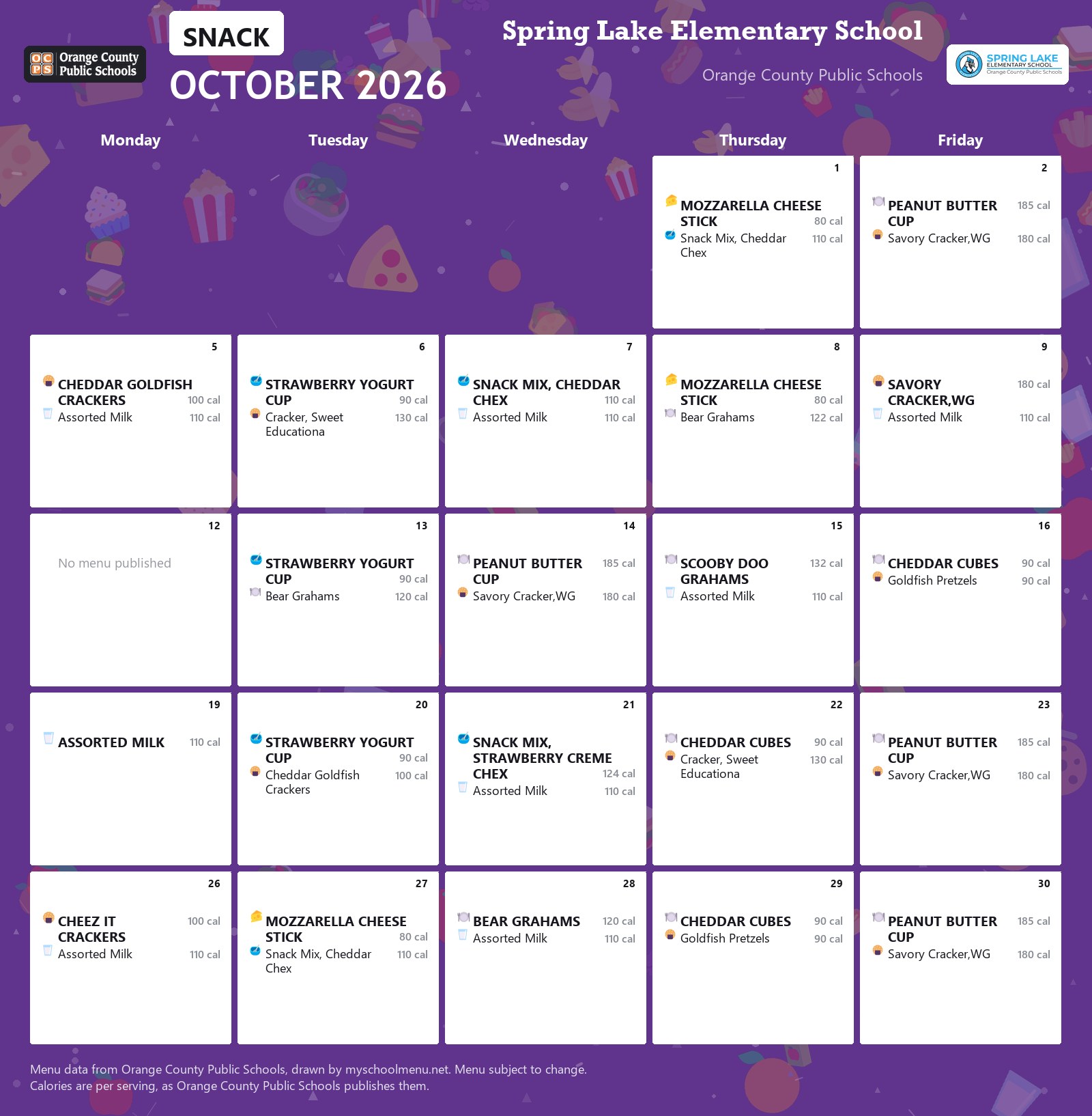 Spring Lake Elementary School snack menu for October 2026 &mdash; Orange County Public Schools