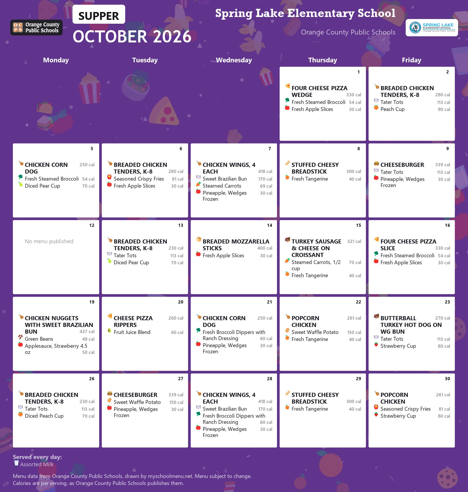 Spring Lake Elementary School supper menu for October 2026 &mdash; Orange County Public Schools