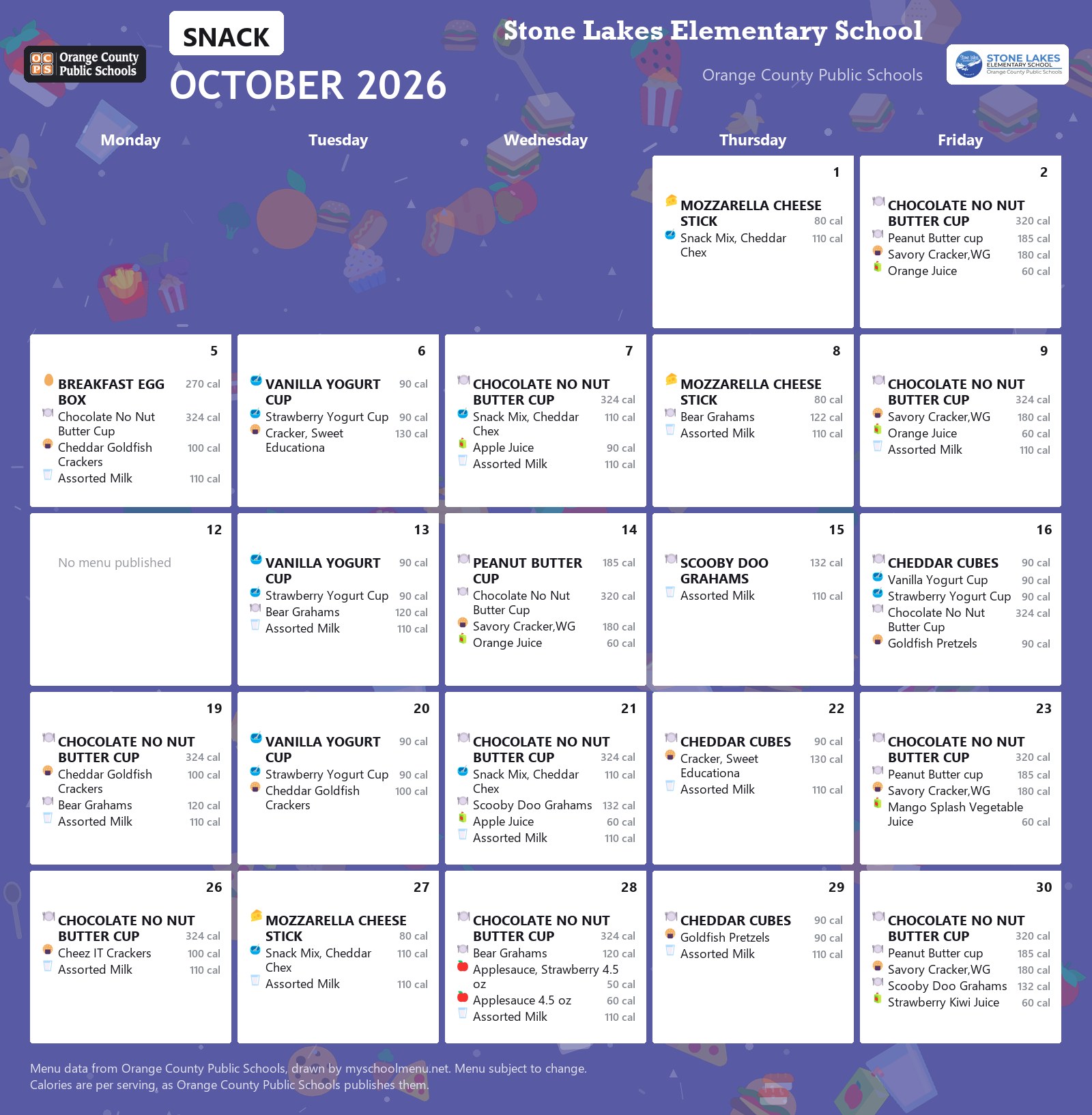 Stone Lakes Elementary School snack menu for October 2026 &mdash; Orange County Public Schools