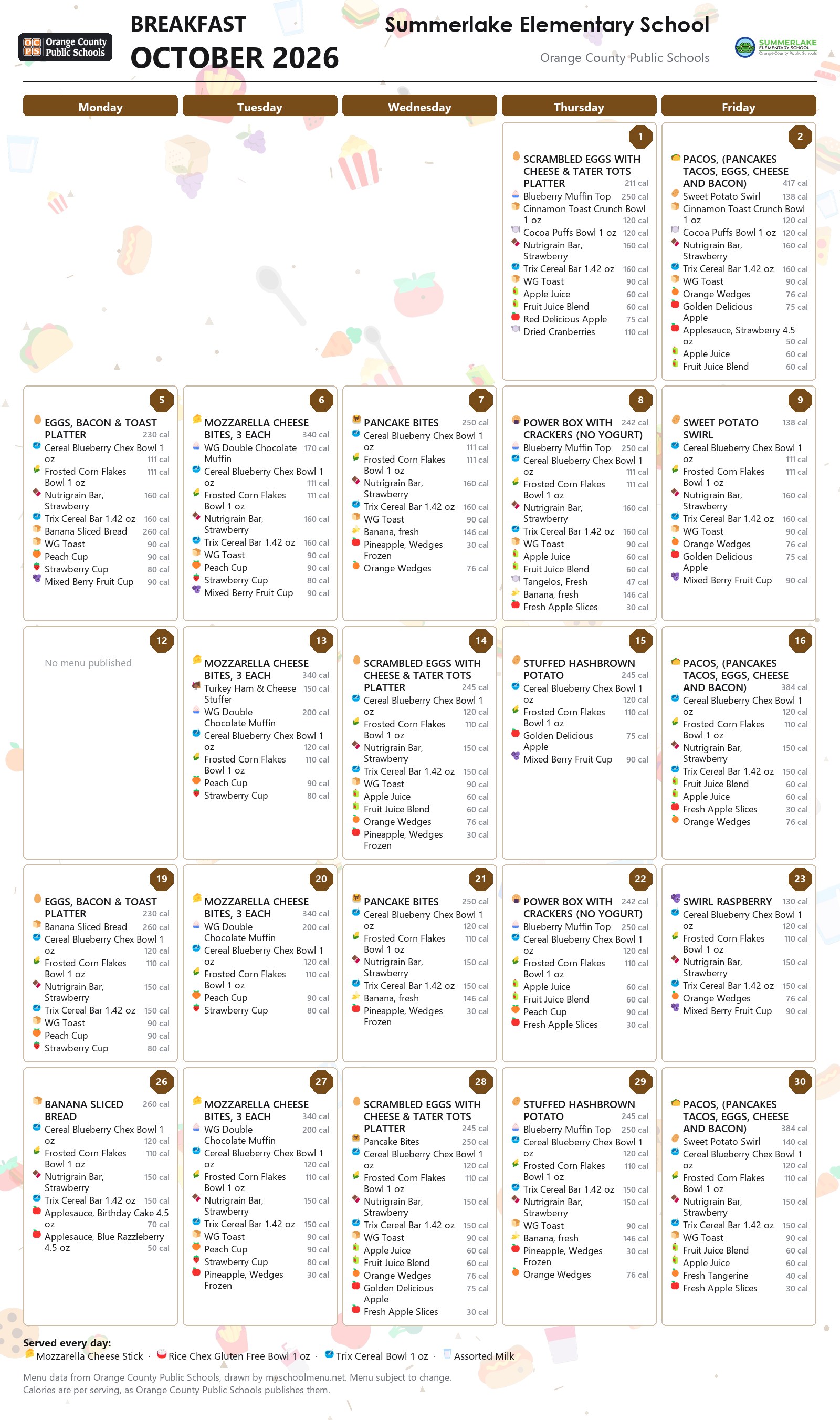 Summerlake Elementary School breakfast menu for October 2026 &mdash; Orange County Public Schools