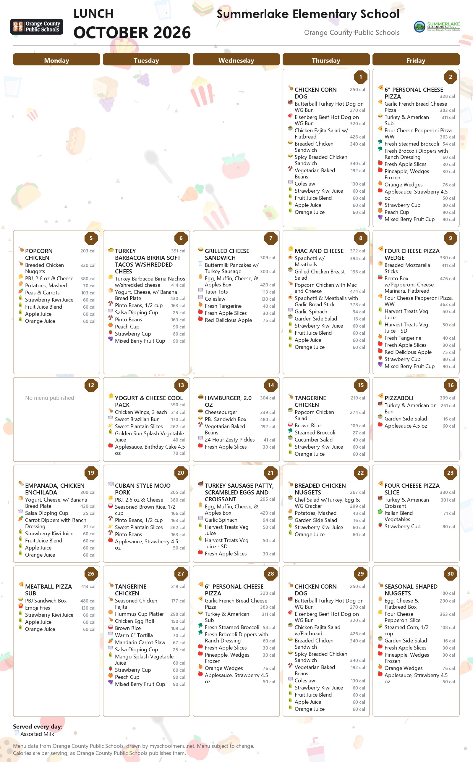 Summerlake Elementary School lunch menu for October 2026 &mdash; Orange County Public Schools