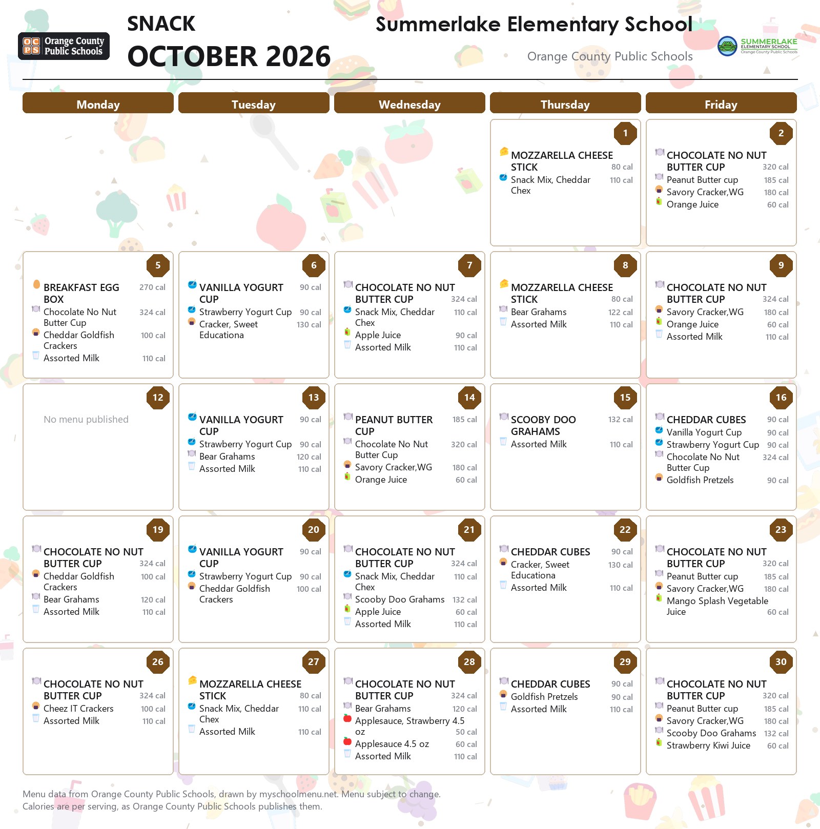Summerlake Elementary School snack menu for October 2026 &mdash; Orange County Public Schools