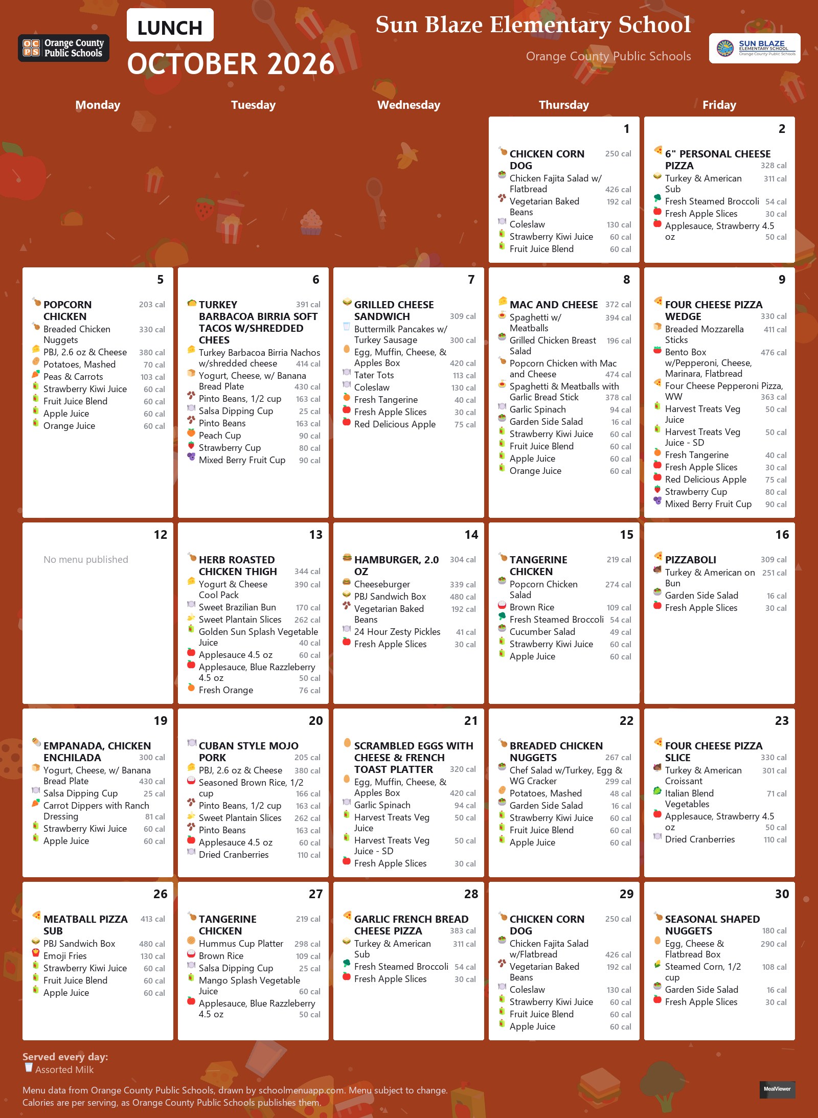 Sun Blaze Elementary School lunch menu for October 2026 &mdash; Orange County Public Schools