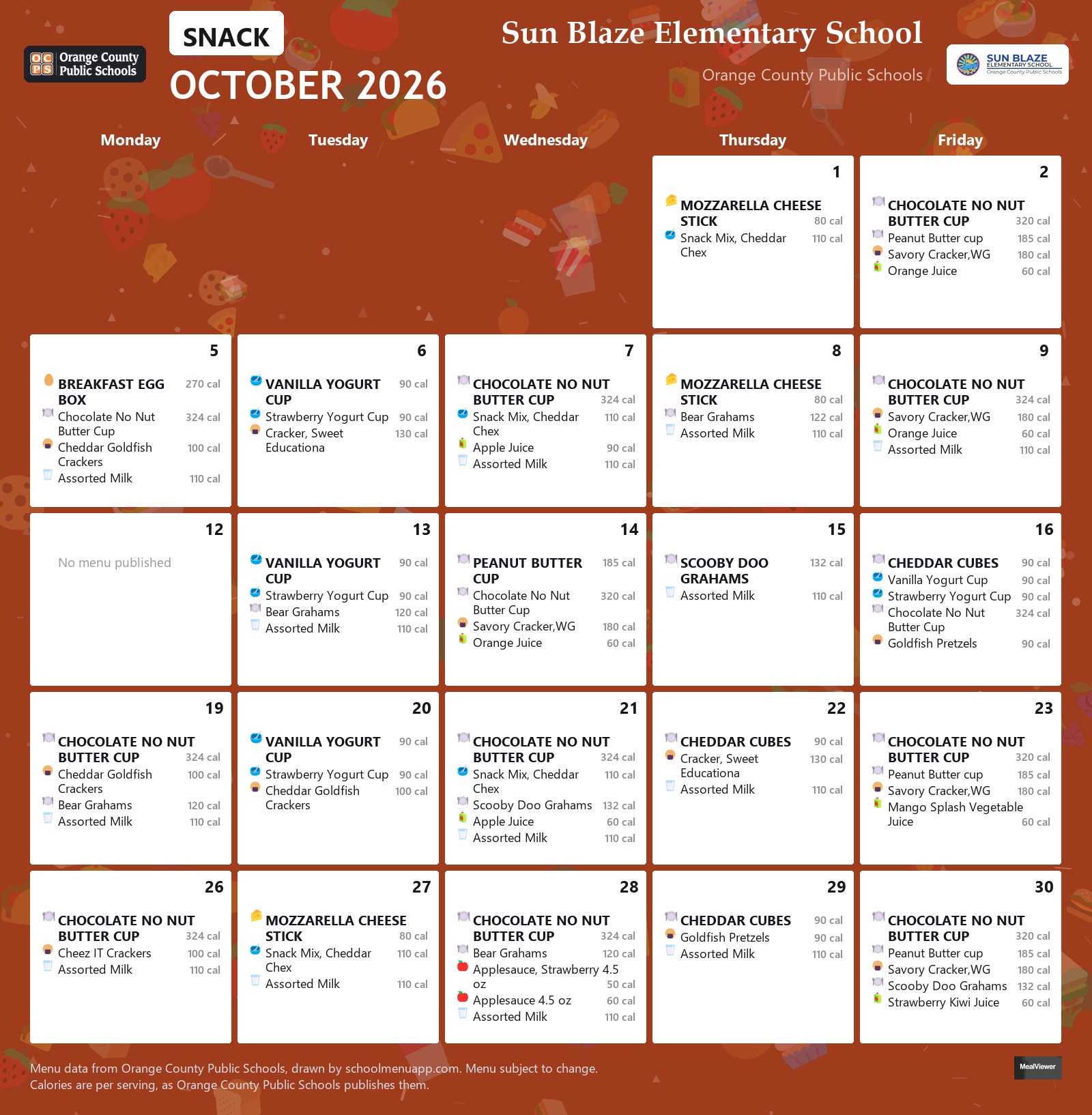 Sun Blaze Elementary School snack menu for October 2026 &mdash; Orange County Public Schools