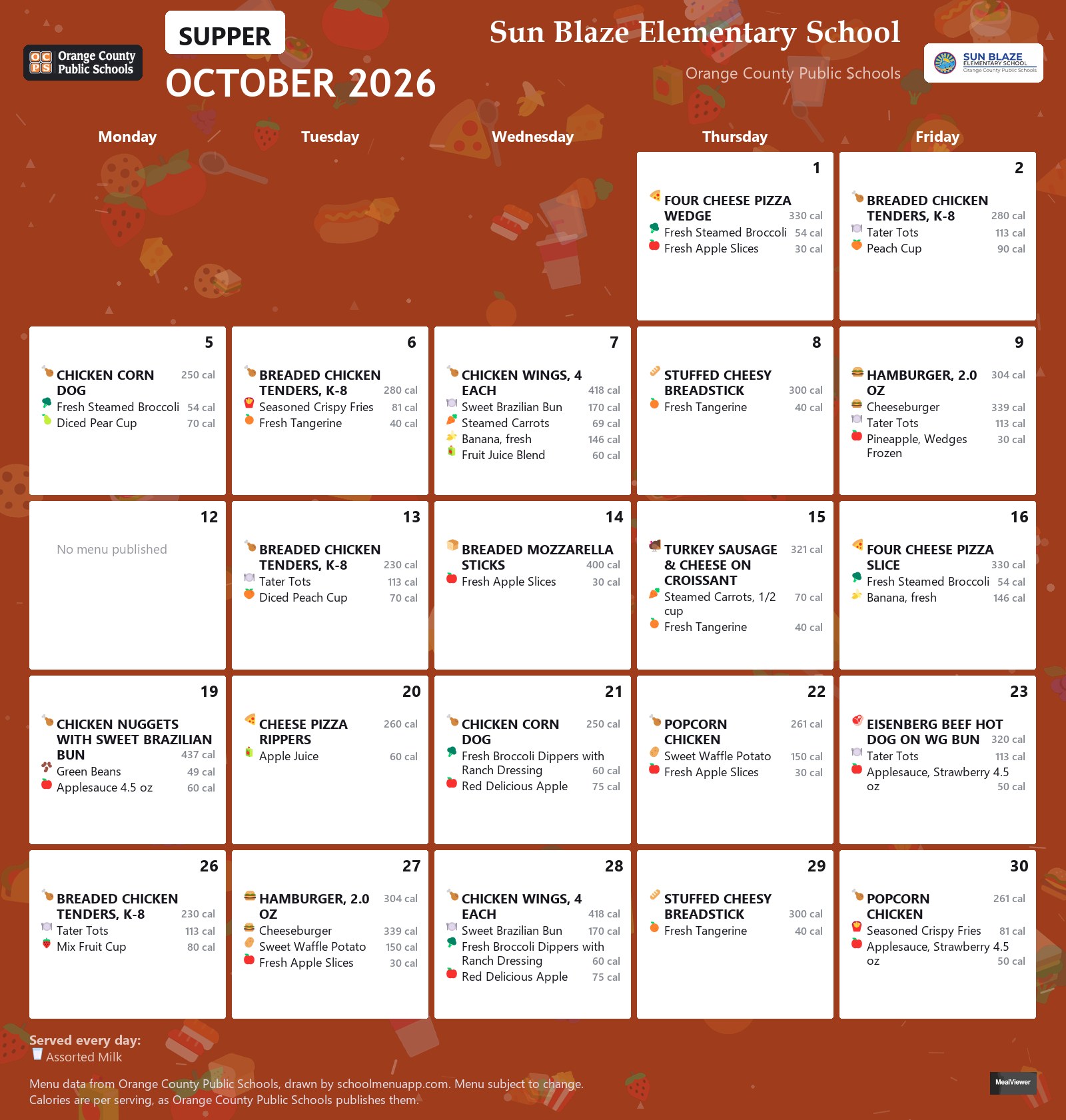 Sun Blaze Elementary School supper menu for October 2026 &mdash; Orange County Public Schools