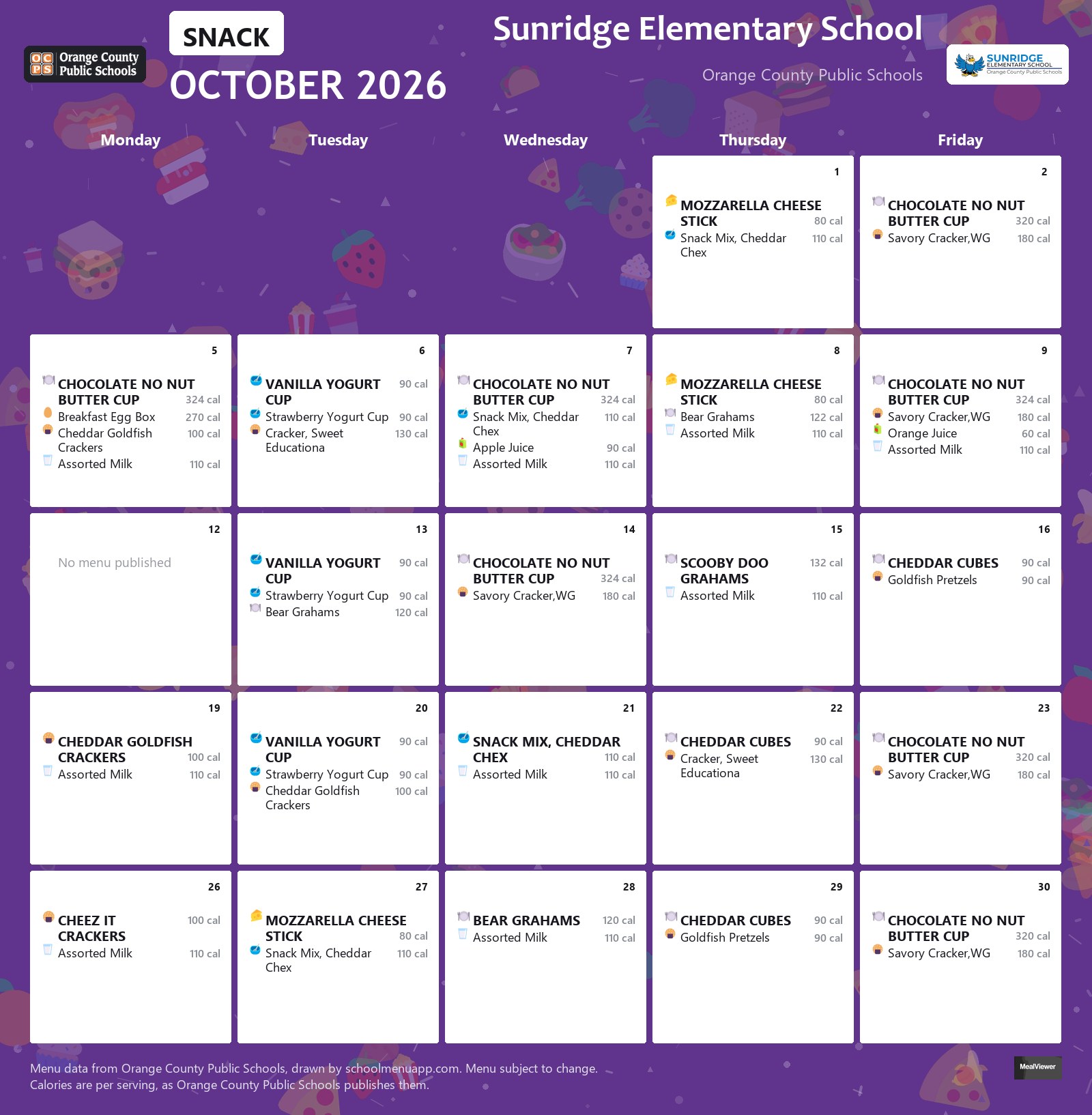 Sunridge Elementary School snack menu for October 2026 &mdash; Orange County Public Schools
