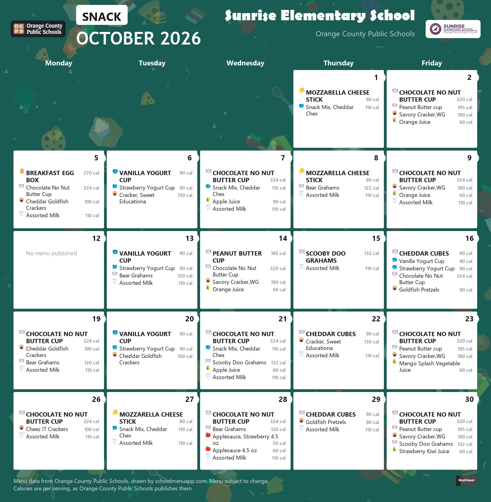 Sunrise Elementary School snack menu for October 2026 &mdash; Orange County Public Schools