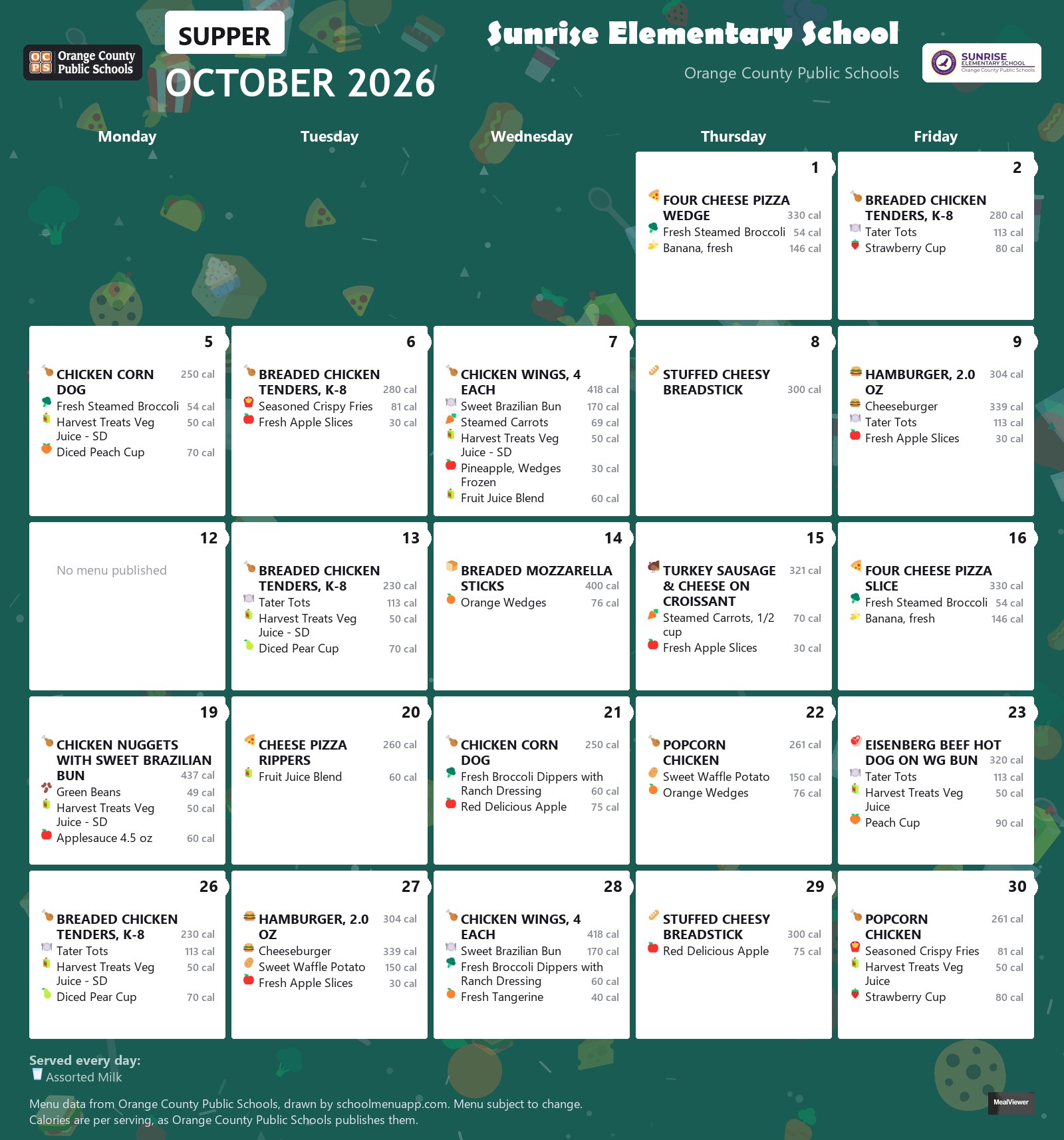Sunrise Elementary School supper menu for October 2026 &mdash; Orange County Public Schools
