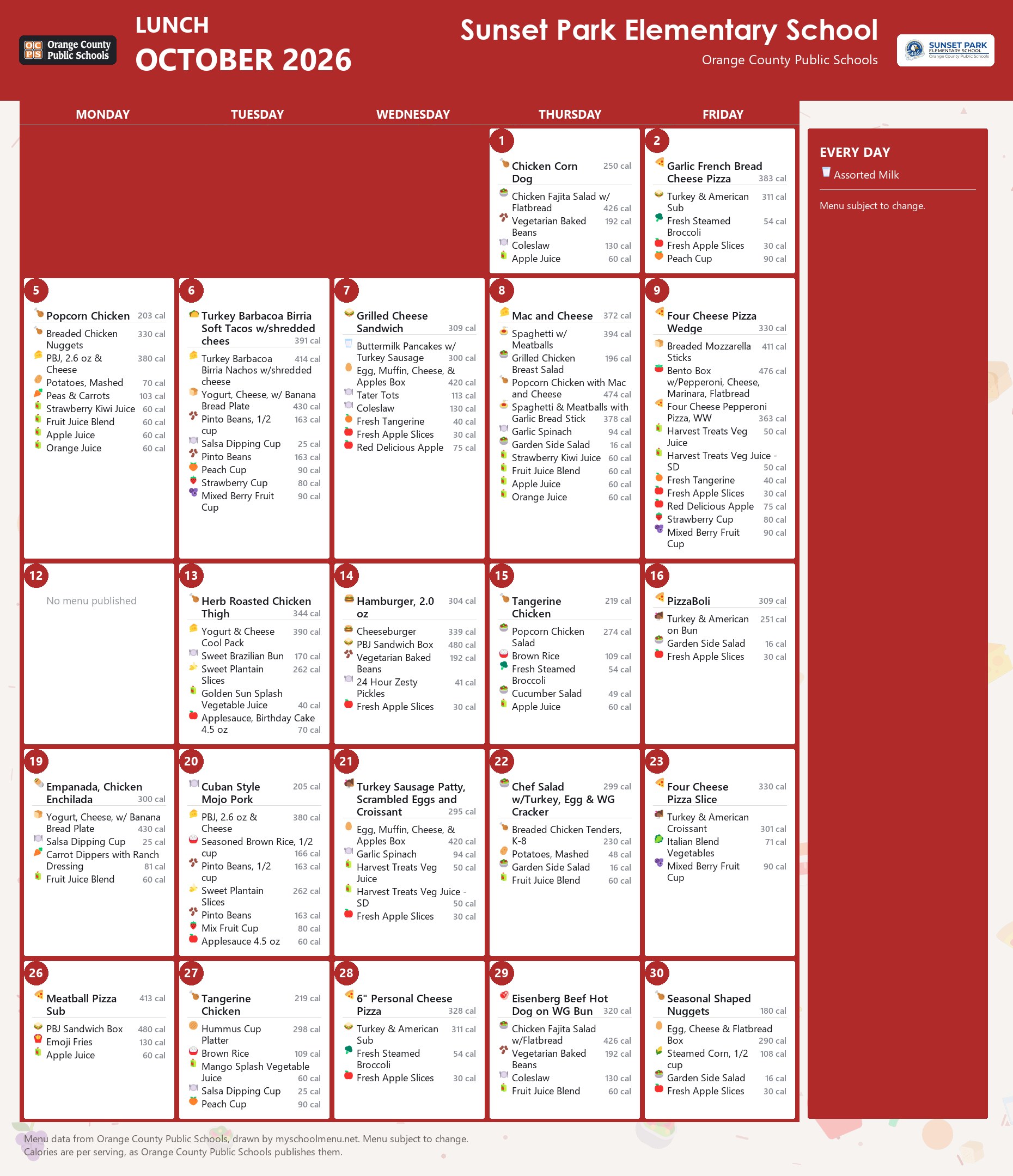 Sunset Park Elementary School lunch menu for October 2026 &mdash; Orange County Public Schools