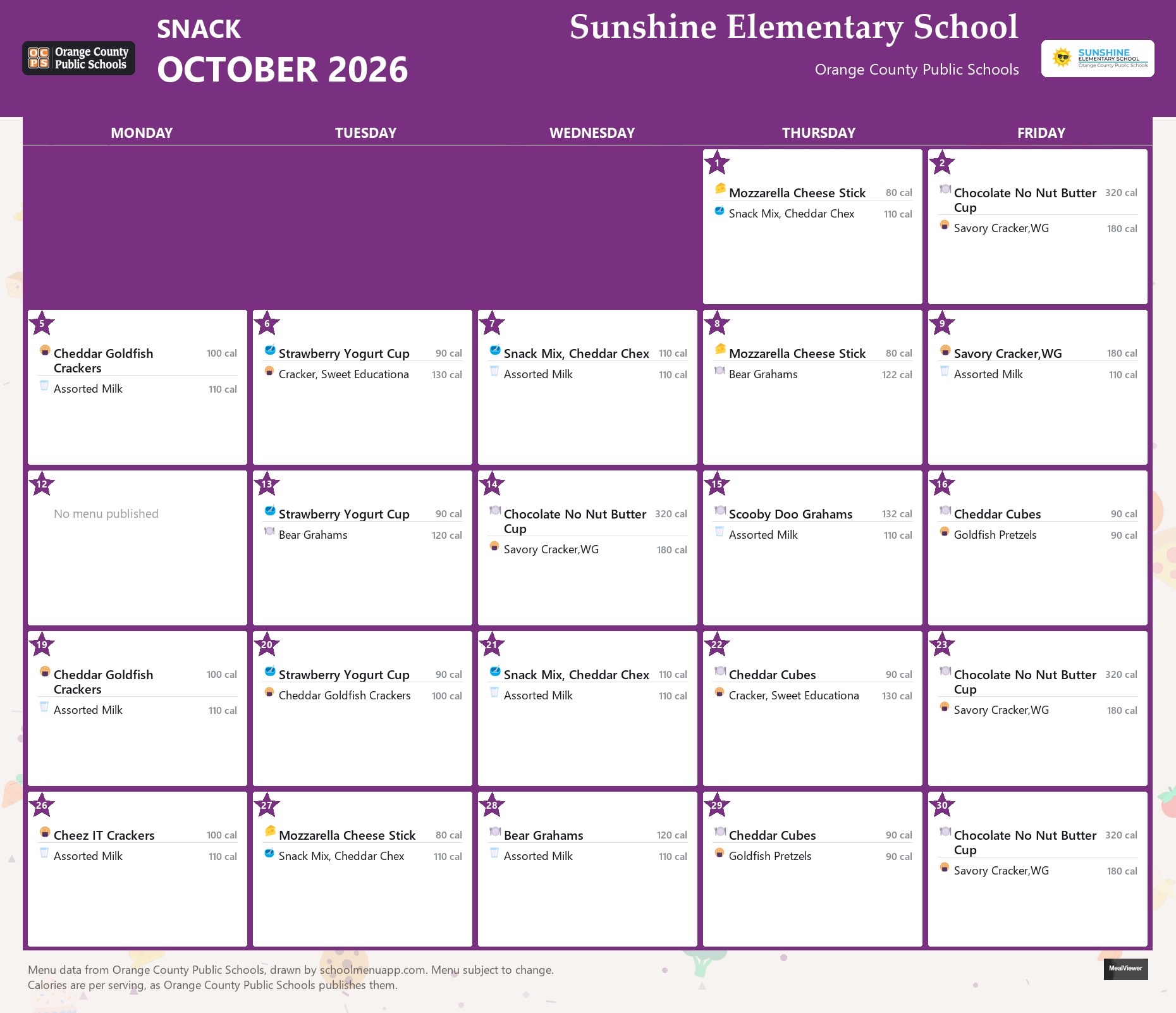 Sunshine Elementary School snack menu for October 2026 &mdash; Orange County Public Schools
