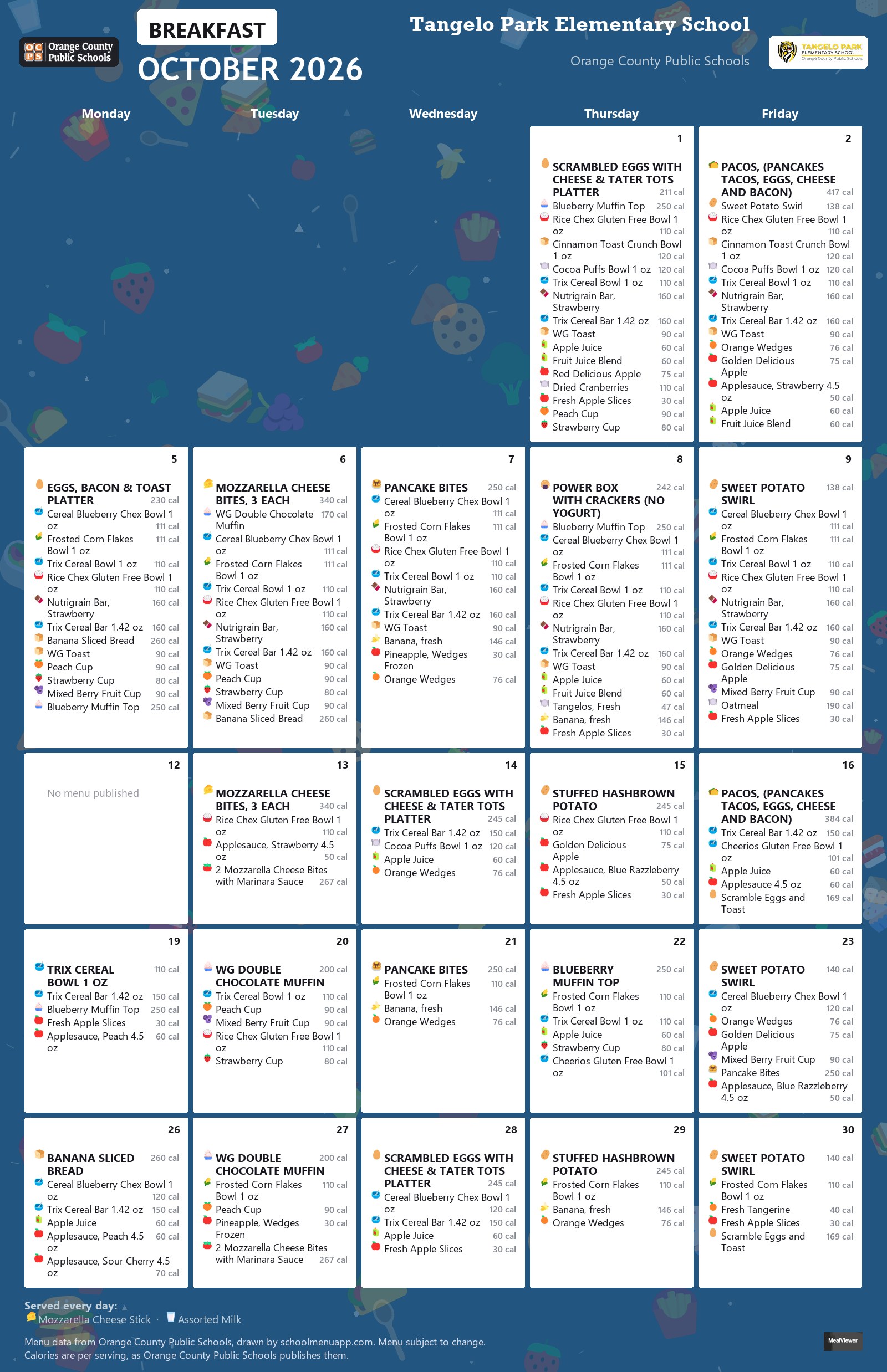 Tangelo Park Elementary School breakfast menu for October 2026 &mdash; Orange County Public Schools