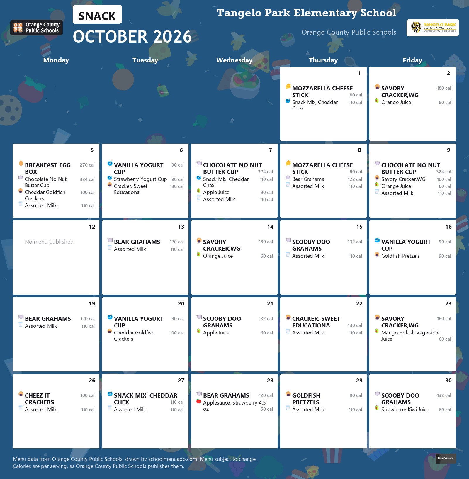 Tangelo Park Elementary School snack menu for October 2026 &mdash; Orange County Public Schools