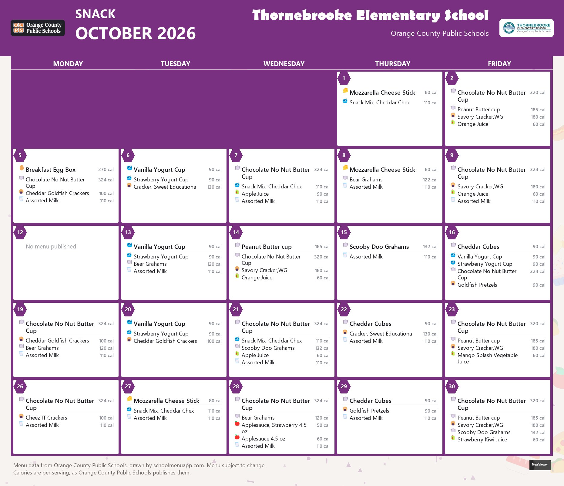 Thornebrooke Elementary School snack menu for October 2026 &mdash; Orange County Public Schools