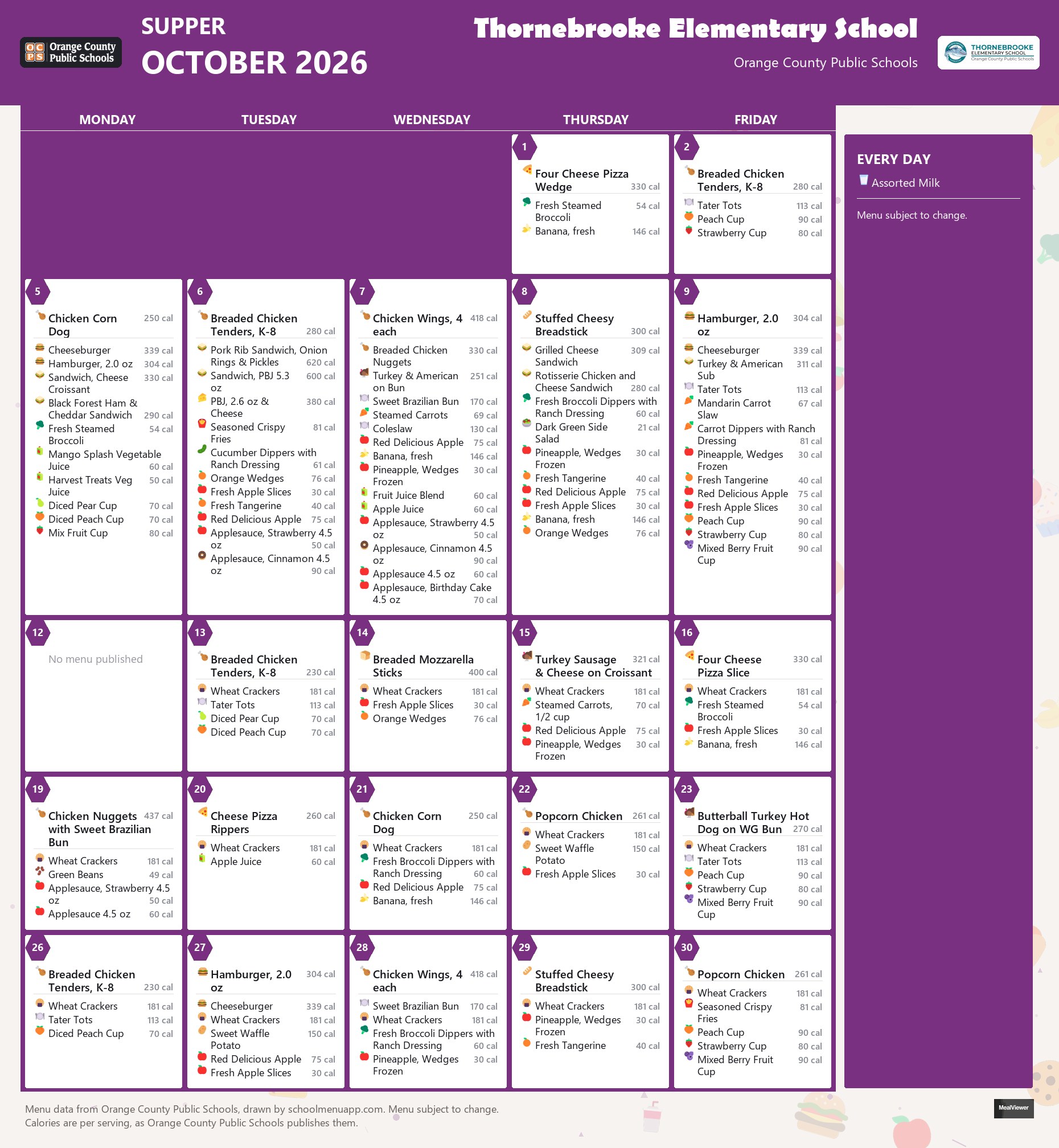 Thornebrooke Elementary School supper menu for October 2026 &mdash; Orange County Public Schools