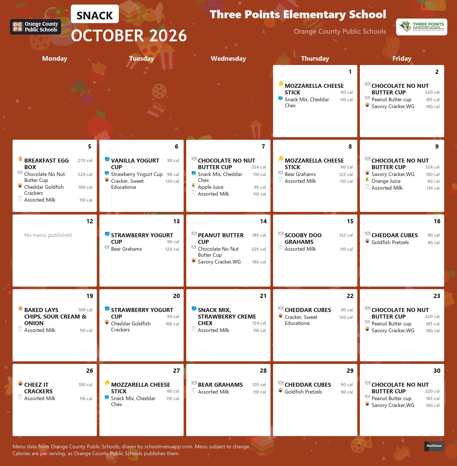 Three Points Elementary School snack menu for October 2026 &mdash; Orange County Public Schools