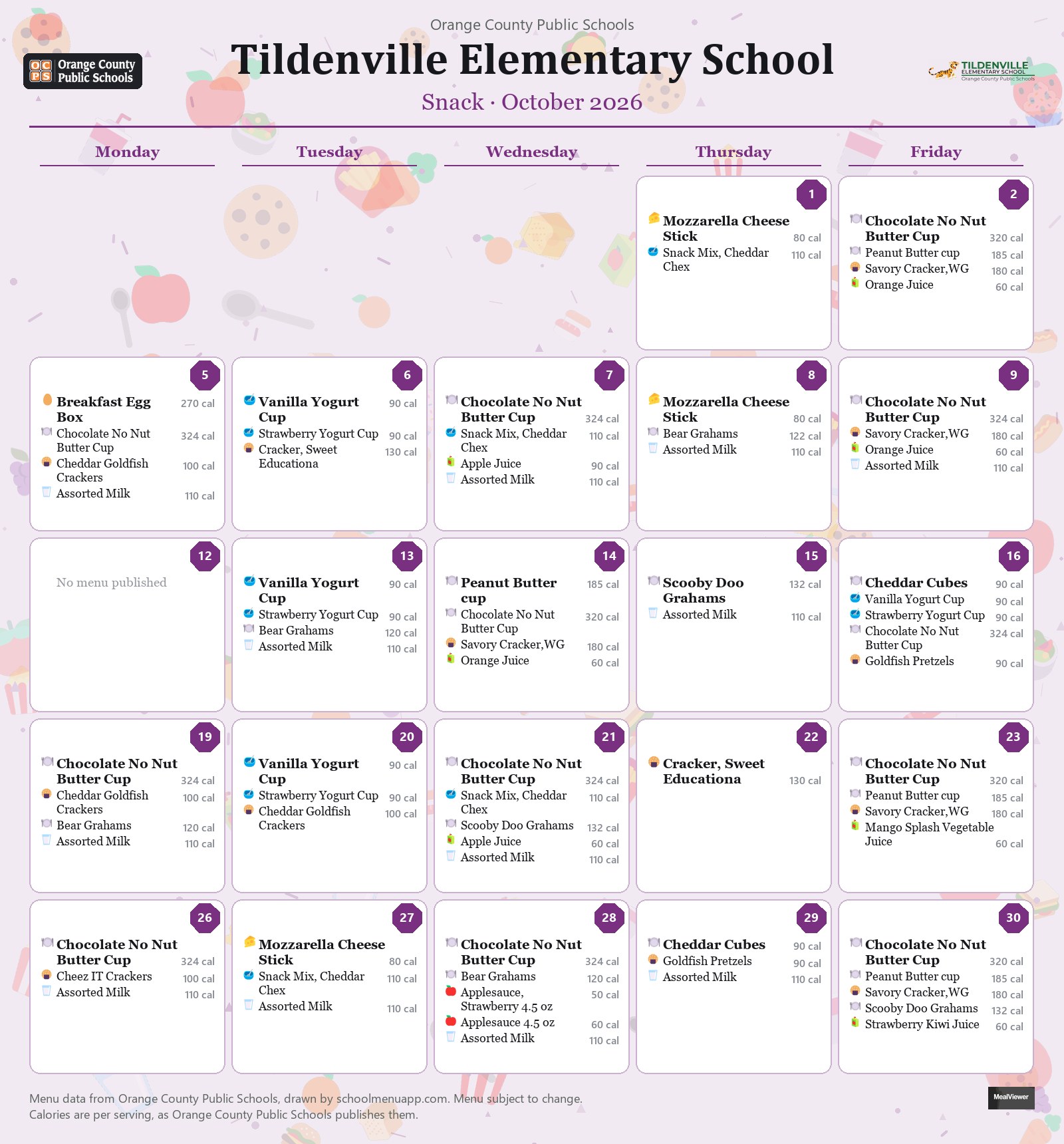 Tildenville Elementary School snack menu for October 2026 &mdash; Orange County Public Schools