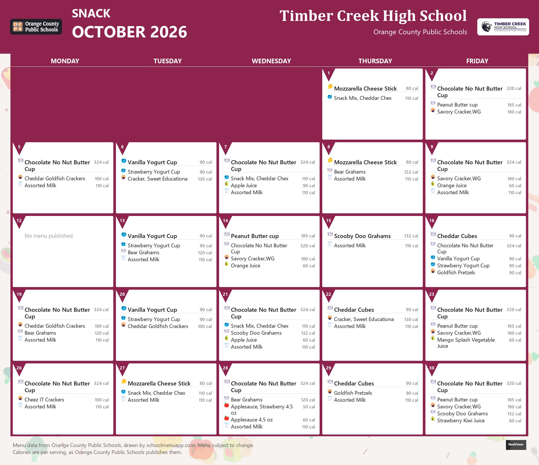 Timber Creek High School snack menu for October 2026 &mdash; Orange County Public Schools