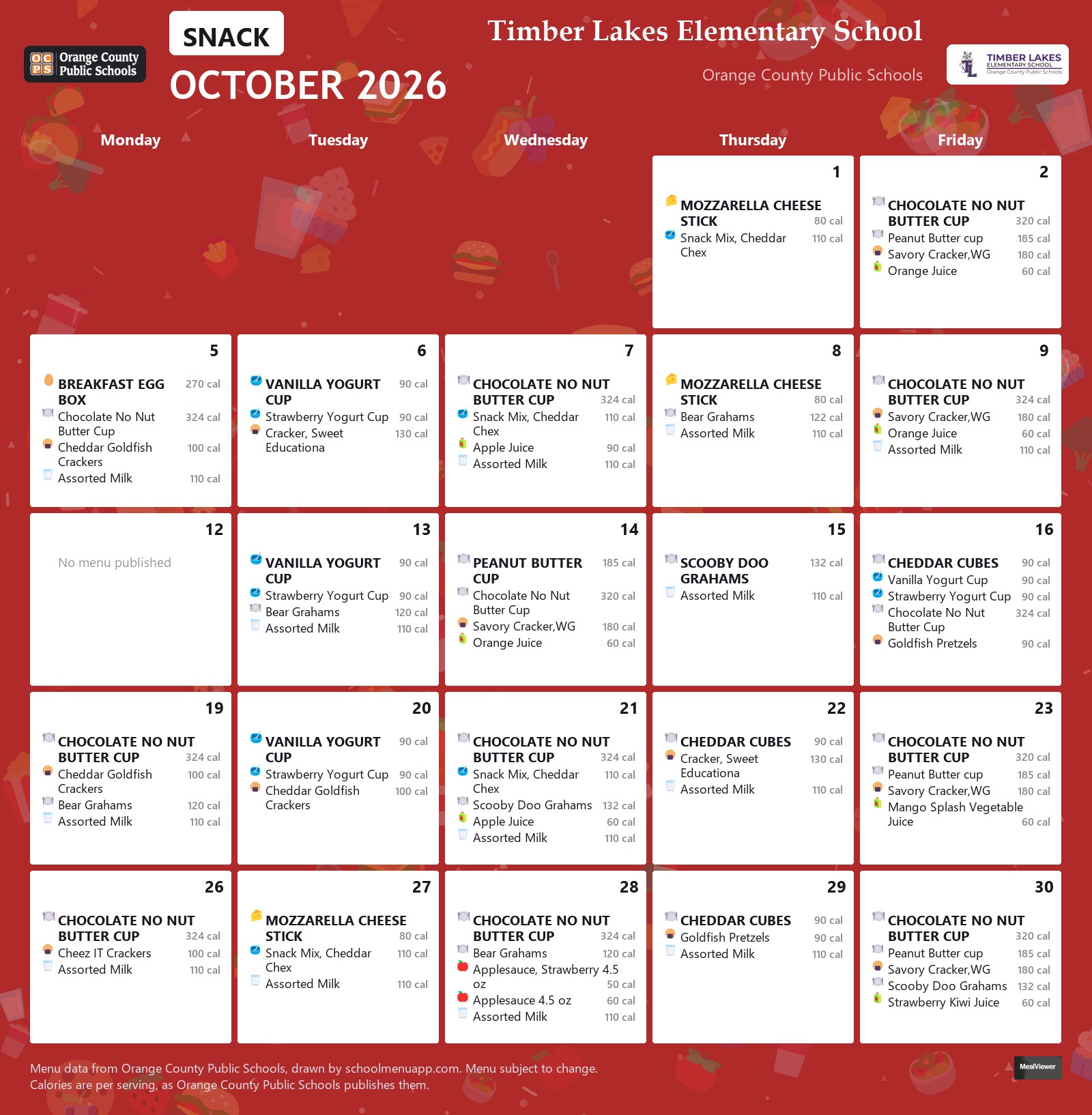 Timber Lakes Elementary School snack menu for October 2026 &mdash; Orange County Public Schools