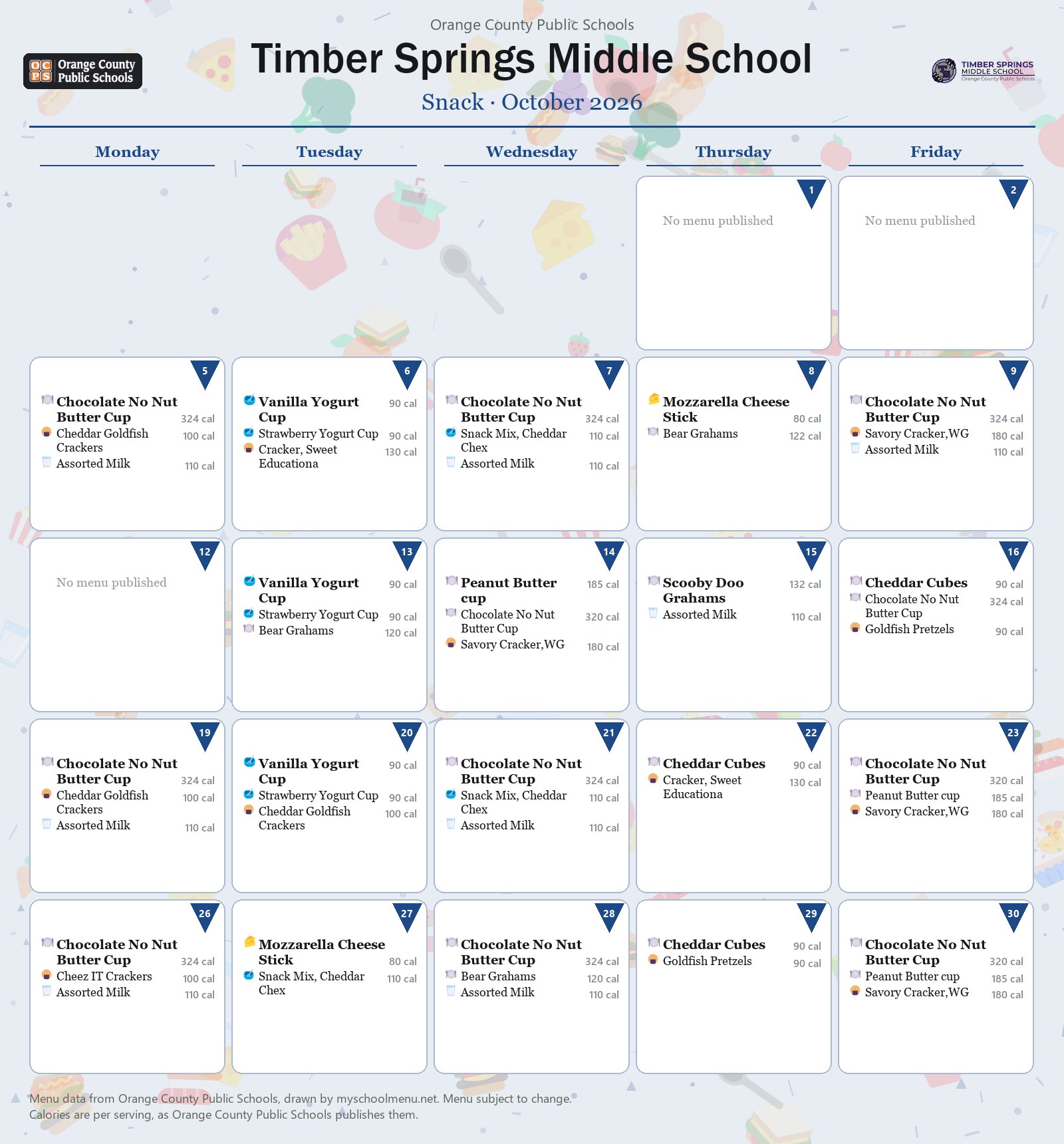 Timber Springs Middle School snack menu for October 2026 &mdash; Orange County Public Schools