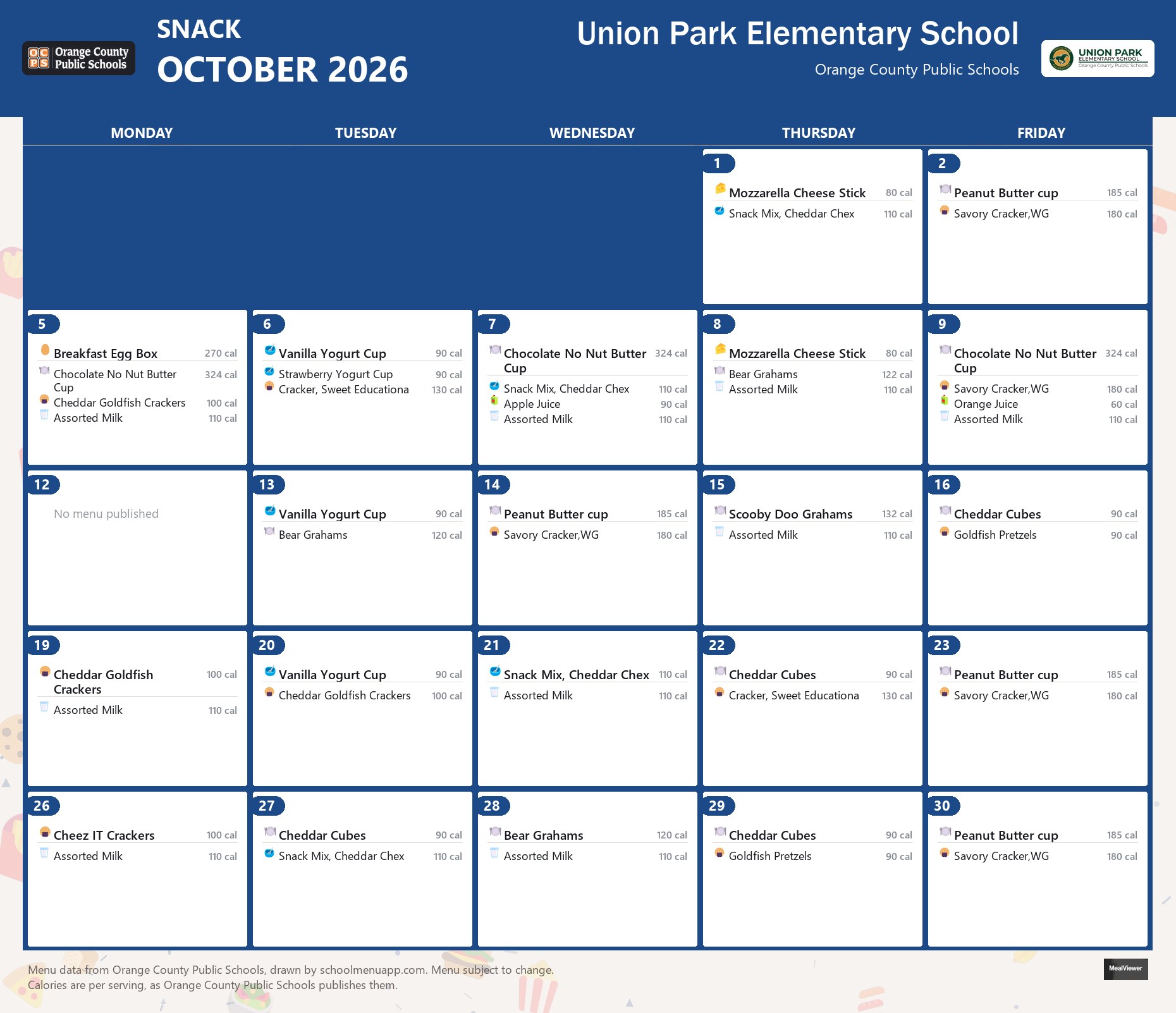 Union Park Elementary School snack menu for October 2026 &mdash; Orange County Public Schools