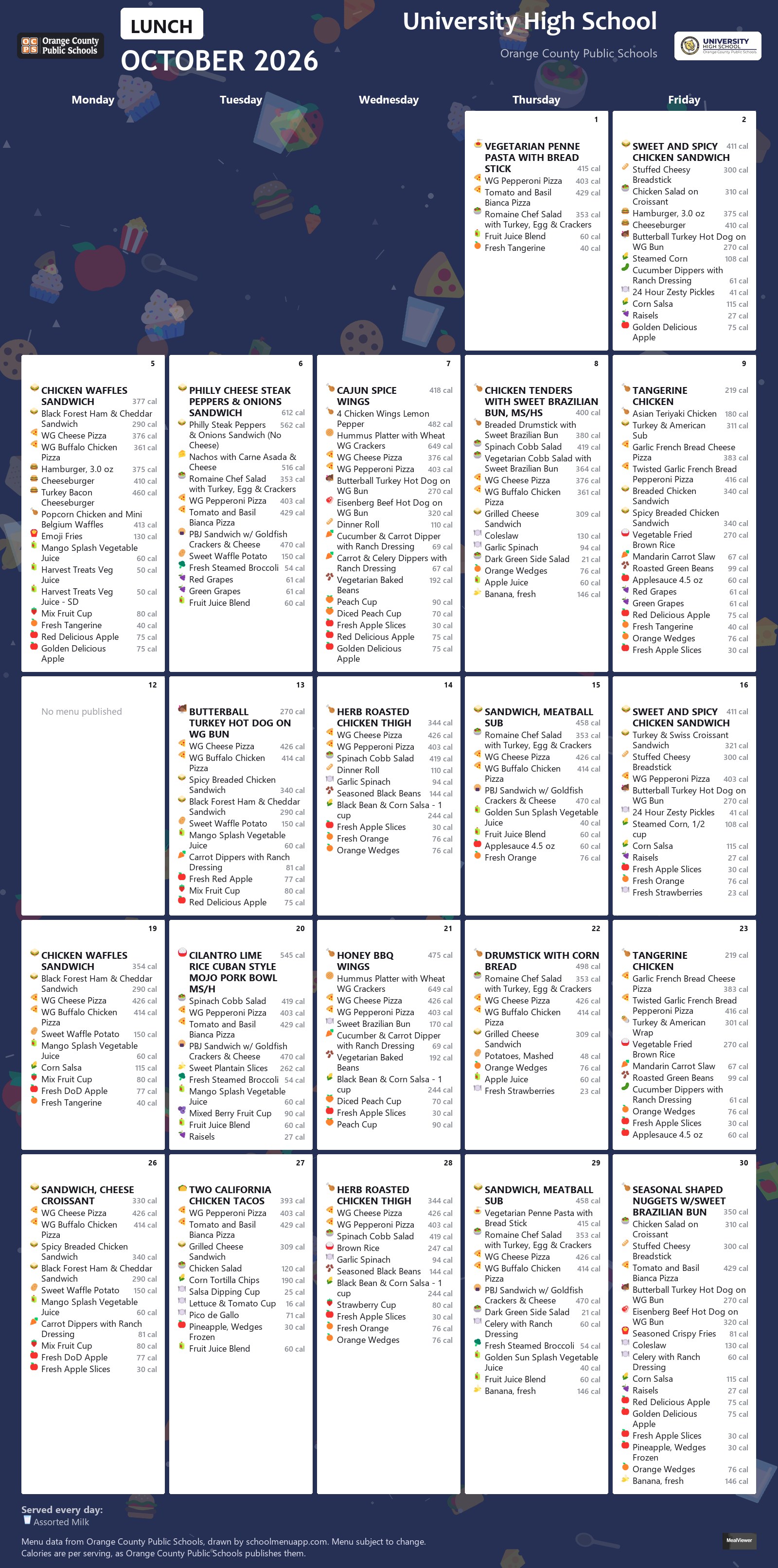 University High School lunch menu for October 2026 &mdash; Orange County Public Schools