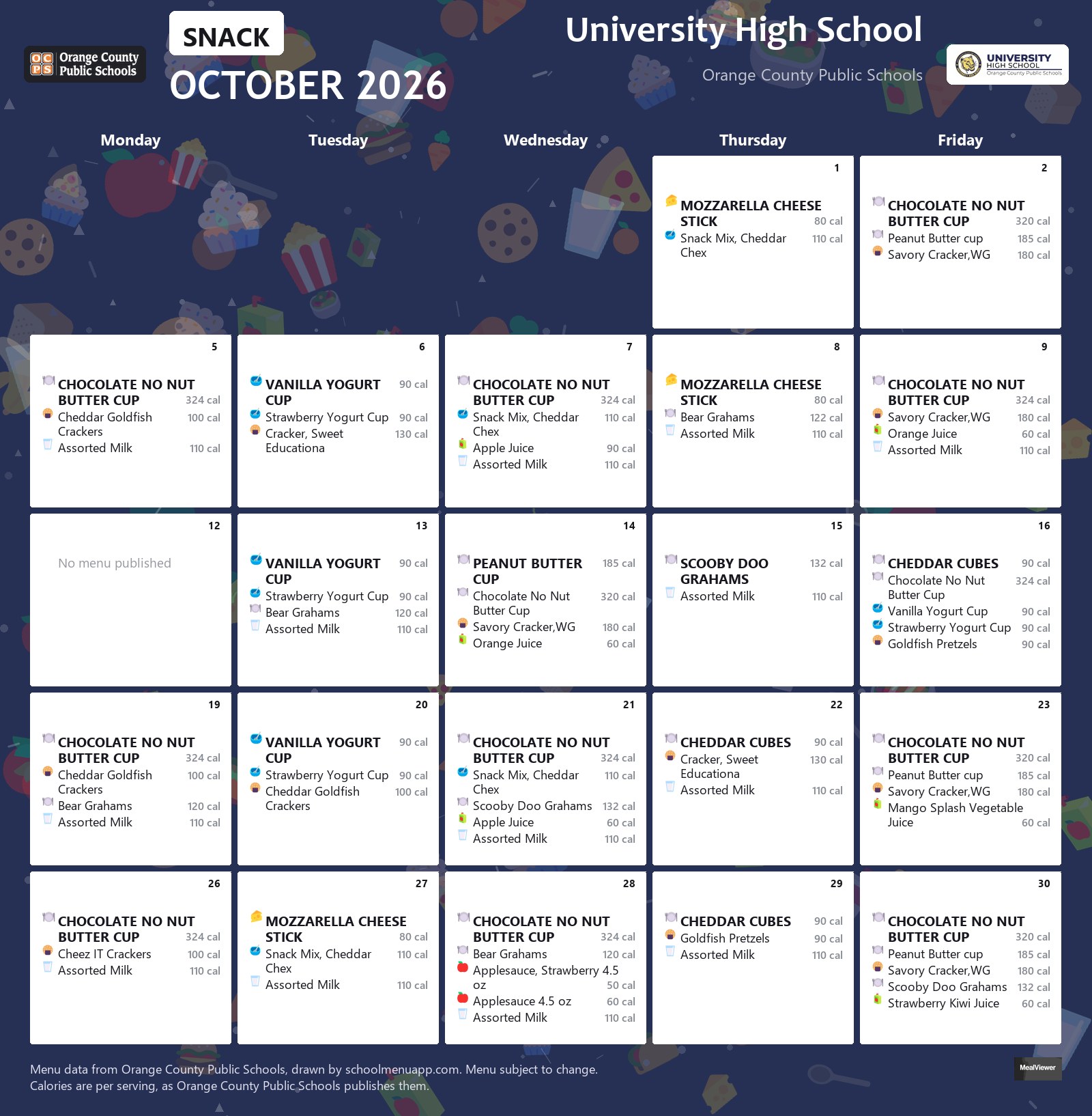 University High School snack menu for October 2026 &mdash; Orange County Public Schools