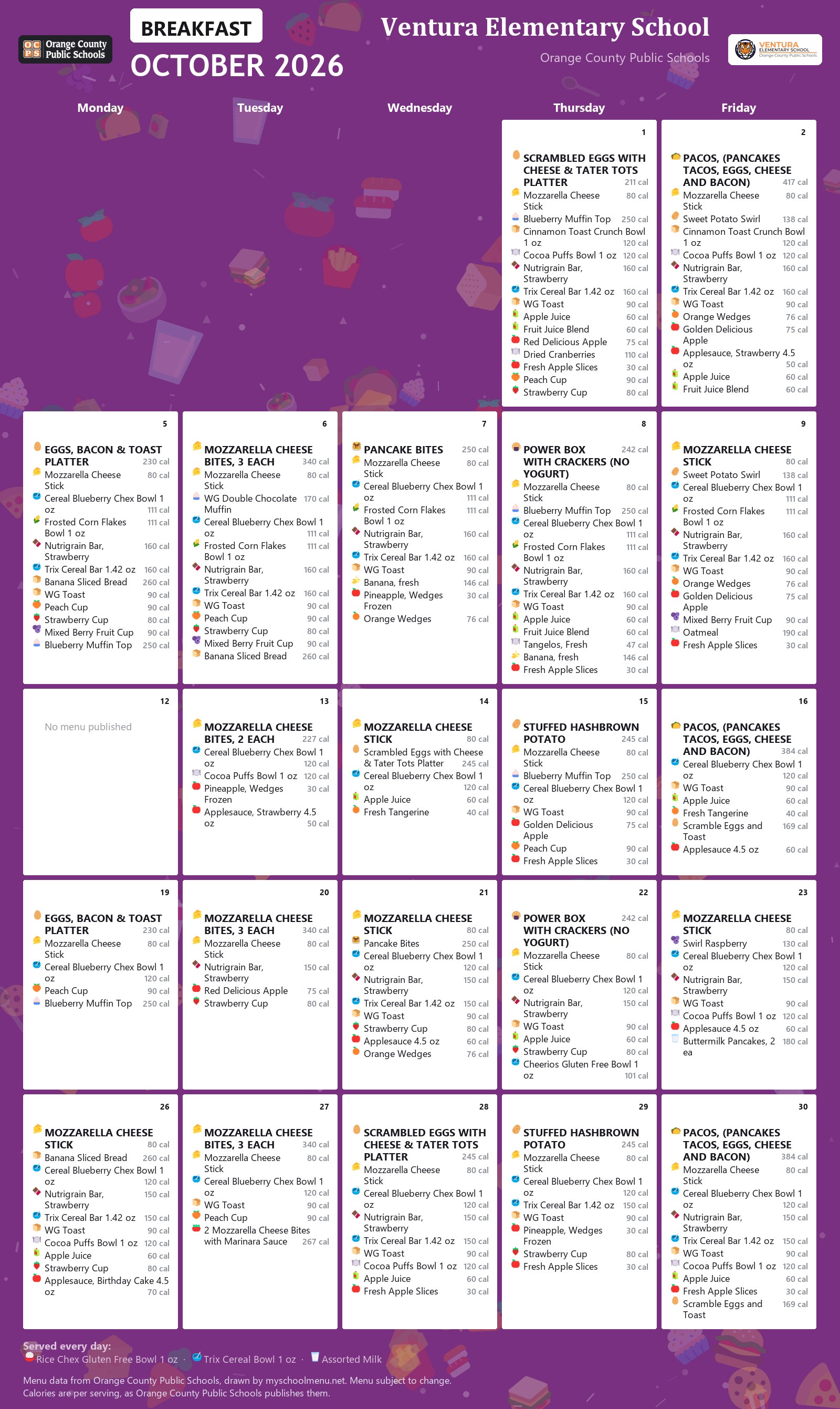 Ventura Elementary School breakfast menu for October 2026 &mdash; Orange County Public Schools