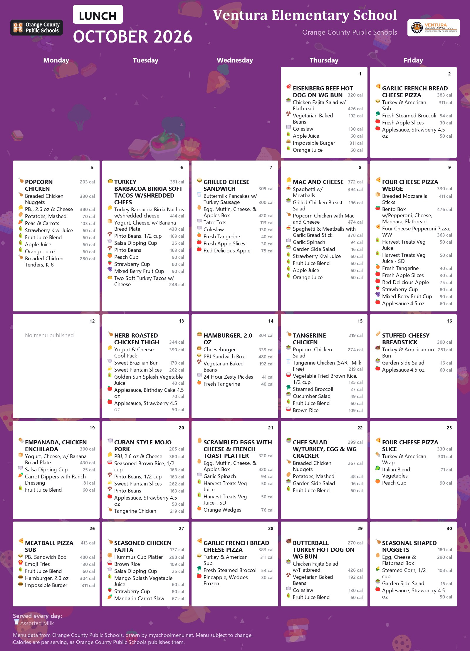 Ventura Elementary School lunch menu for October 2026 &mdash; Orange County Public Schools