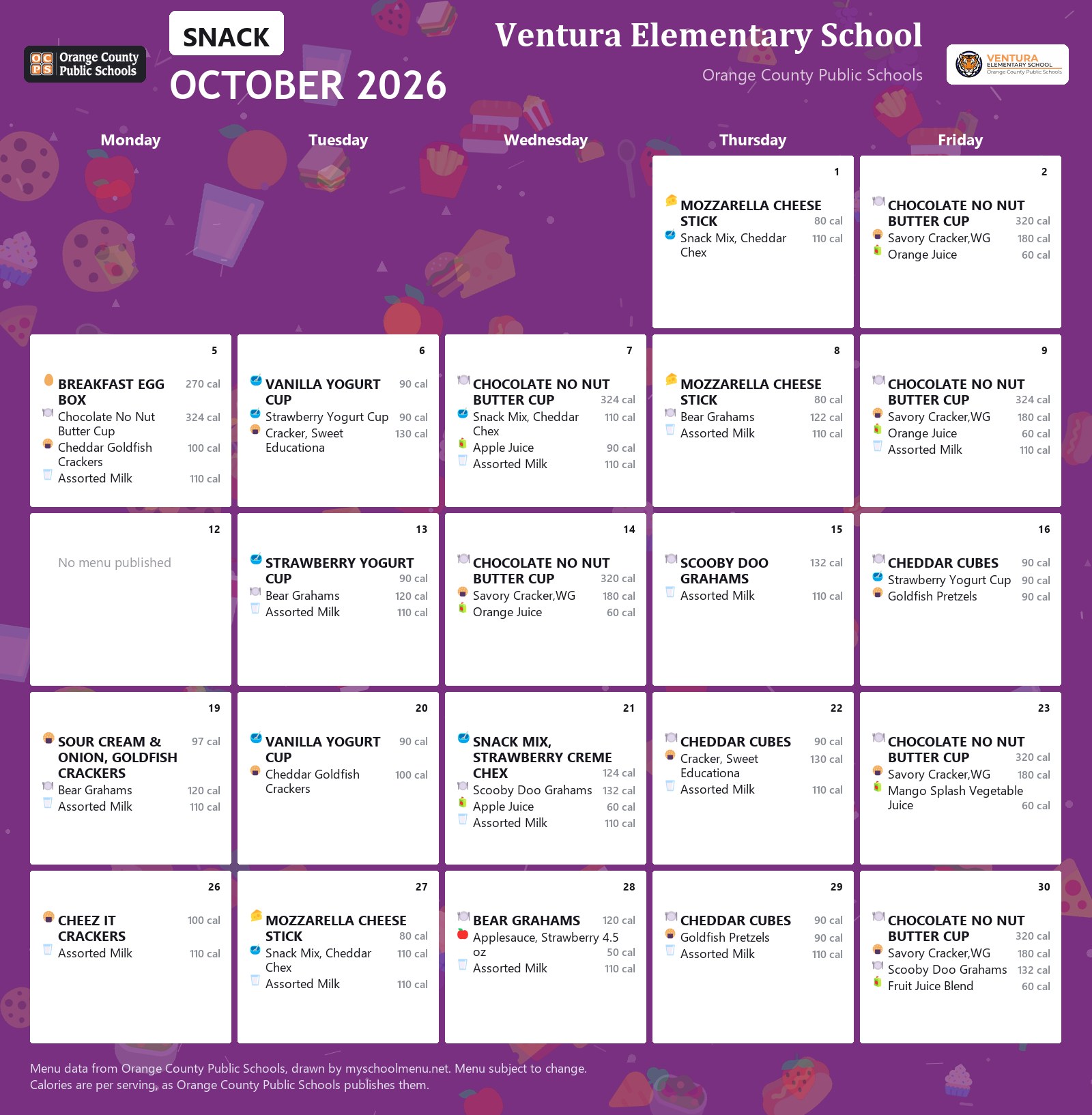 Ventura Elementary School snack menu for October 2026 &mdash; Orange County Public Schools