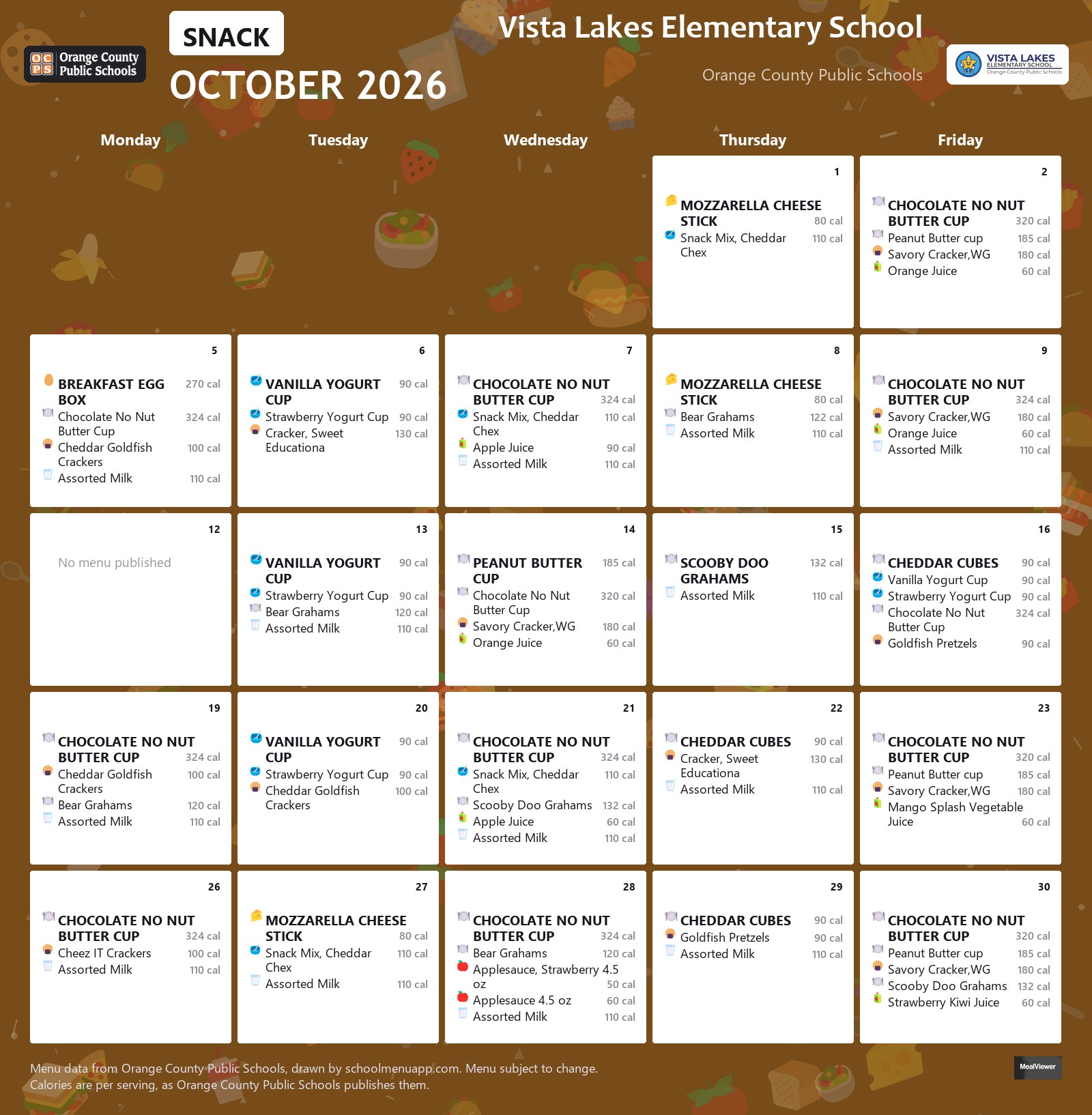 Vista Lakes Elementary School snack menu for October 2026 &mdash; Orange County Public Schools