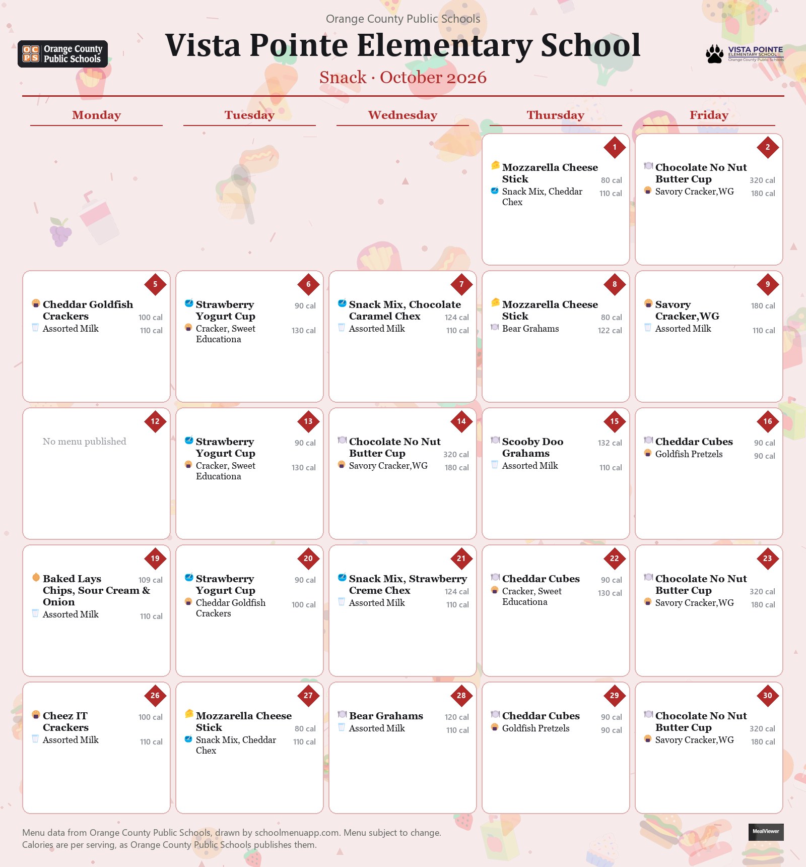 Vista Pointe Elementary School snack menu for October 2026 &mdash; Orange County Public Schools