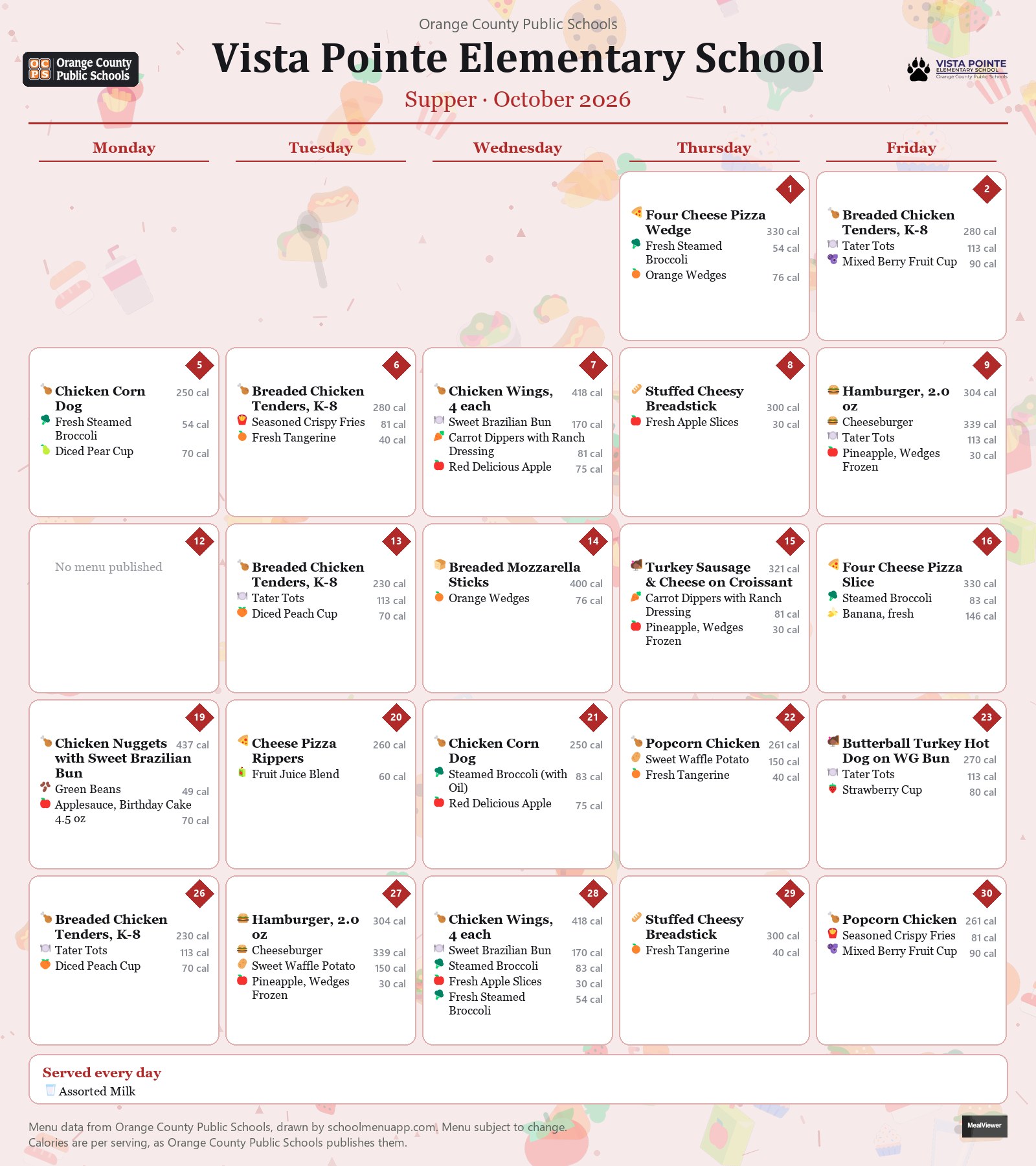 Vista Pointe Elementary School supper menu for October 2026 &mdash; Orange County Public Schools