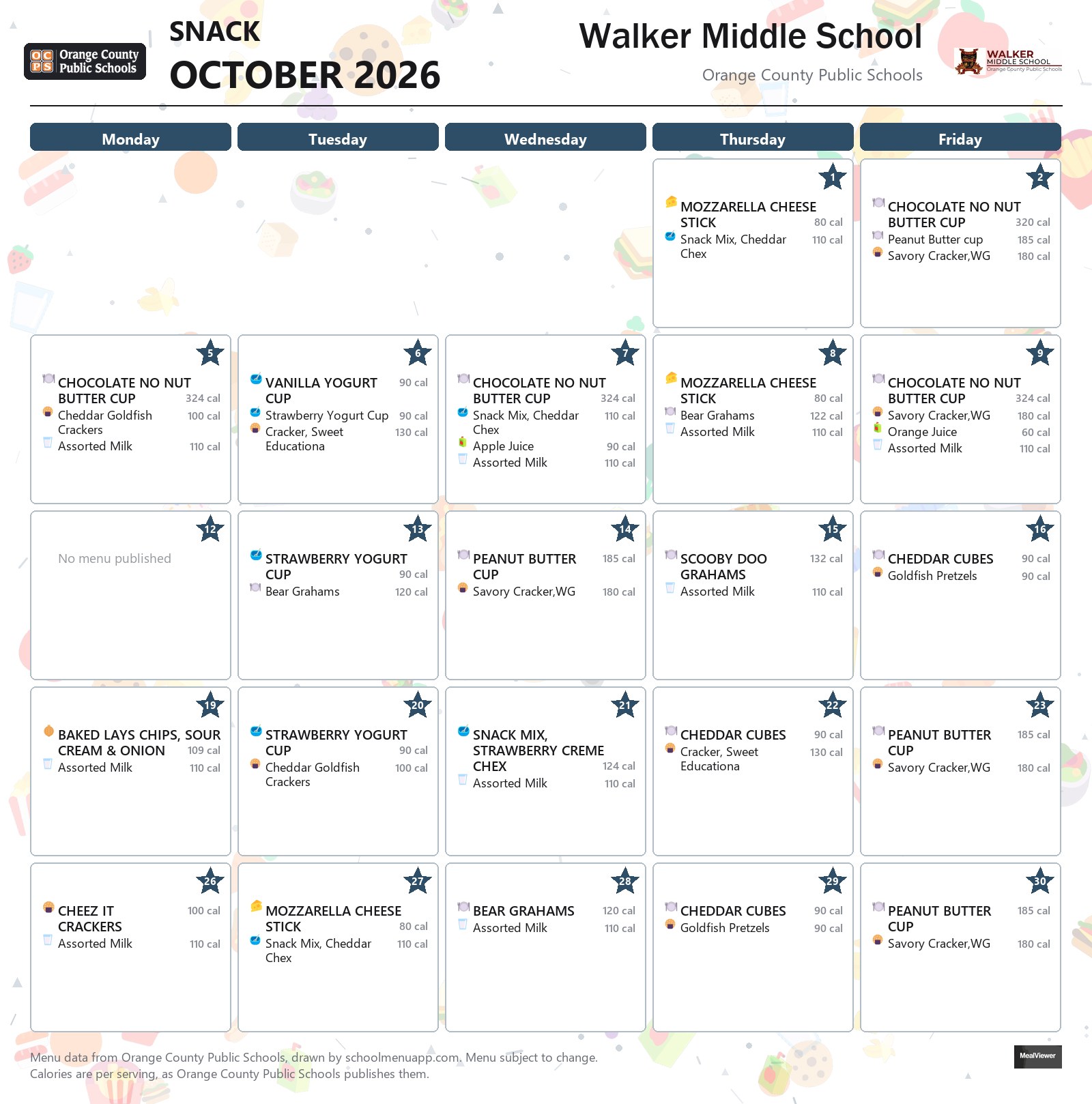 Walker Middle School snack menu for October 2026 &mdash; Orange County Public Schools