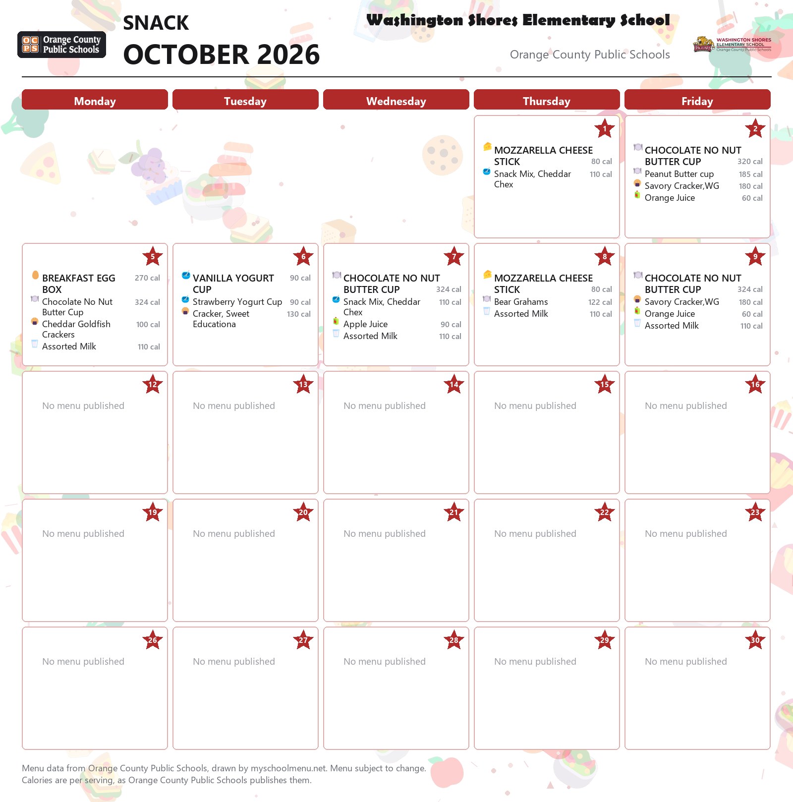Washington Shores Elementary School snack menu for October 2026 &mdash; Orange County Public Schools