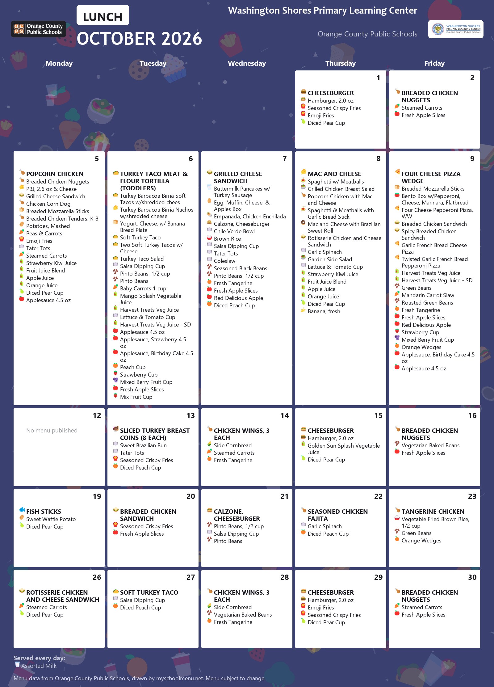 Washington Shores Primary Learning Center lunch menu for October 2026 &mdash; Orange County Public Schools