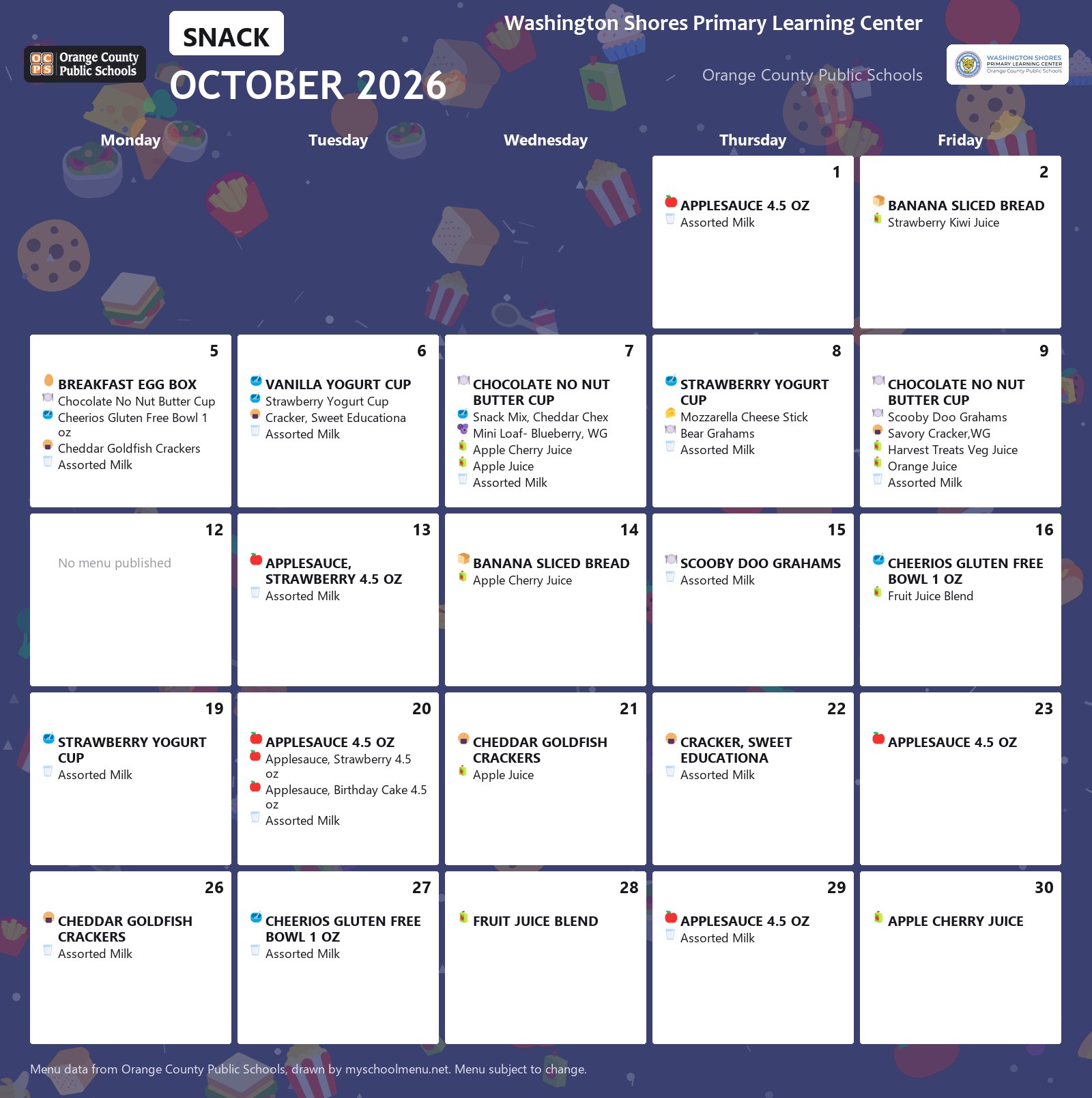 Washington Shores Primary Learning Center snack menu for October 2026 &mdash; Orange County Public Schools