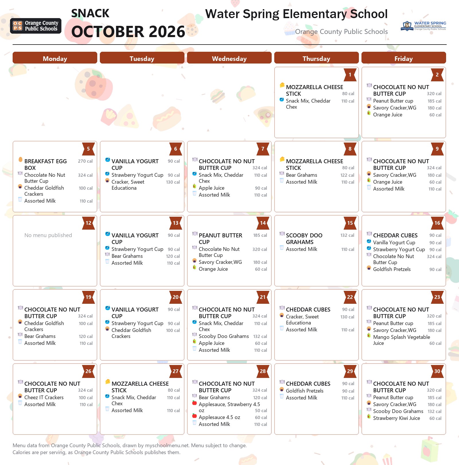 Water Spring Elementary School snack menu for October 2026 &mdash; Orange County Public Schools