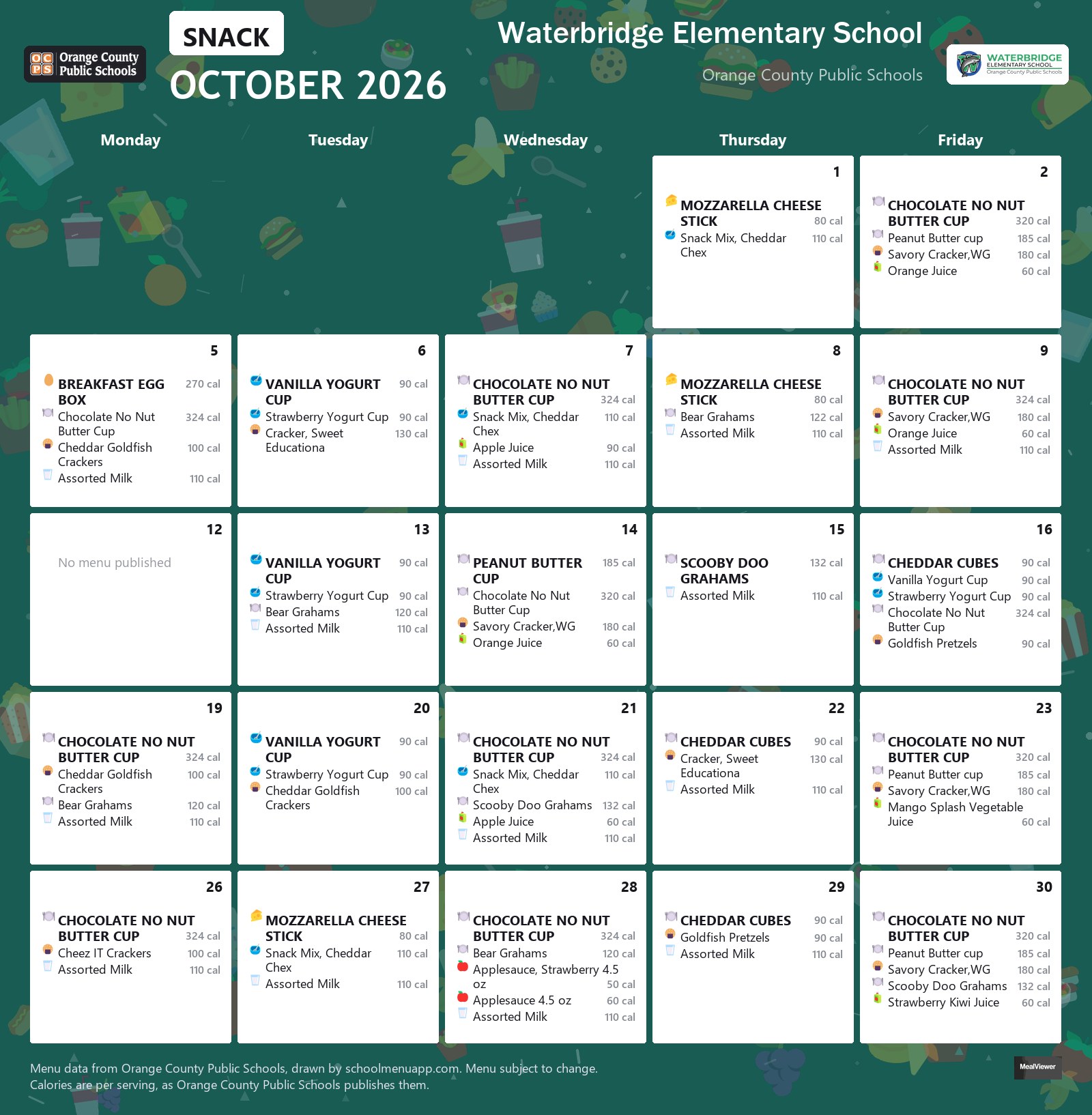 Waterbridge Elementary School snack menu for October 2026 &mdash; Orange County Public Schools