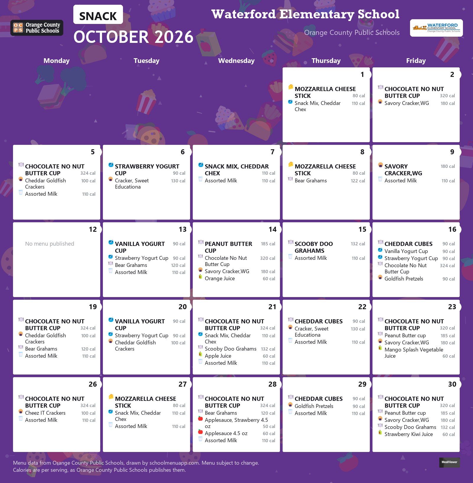 Waterford Elementary School snack menu for October 2026 &mdash; Orange County Public Schools