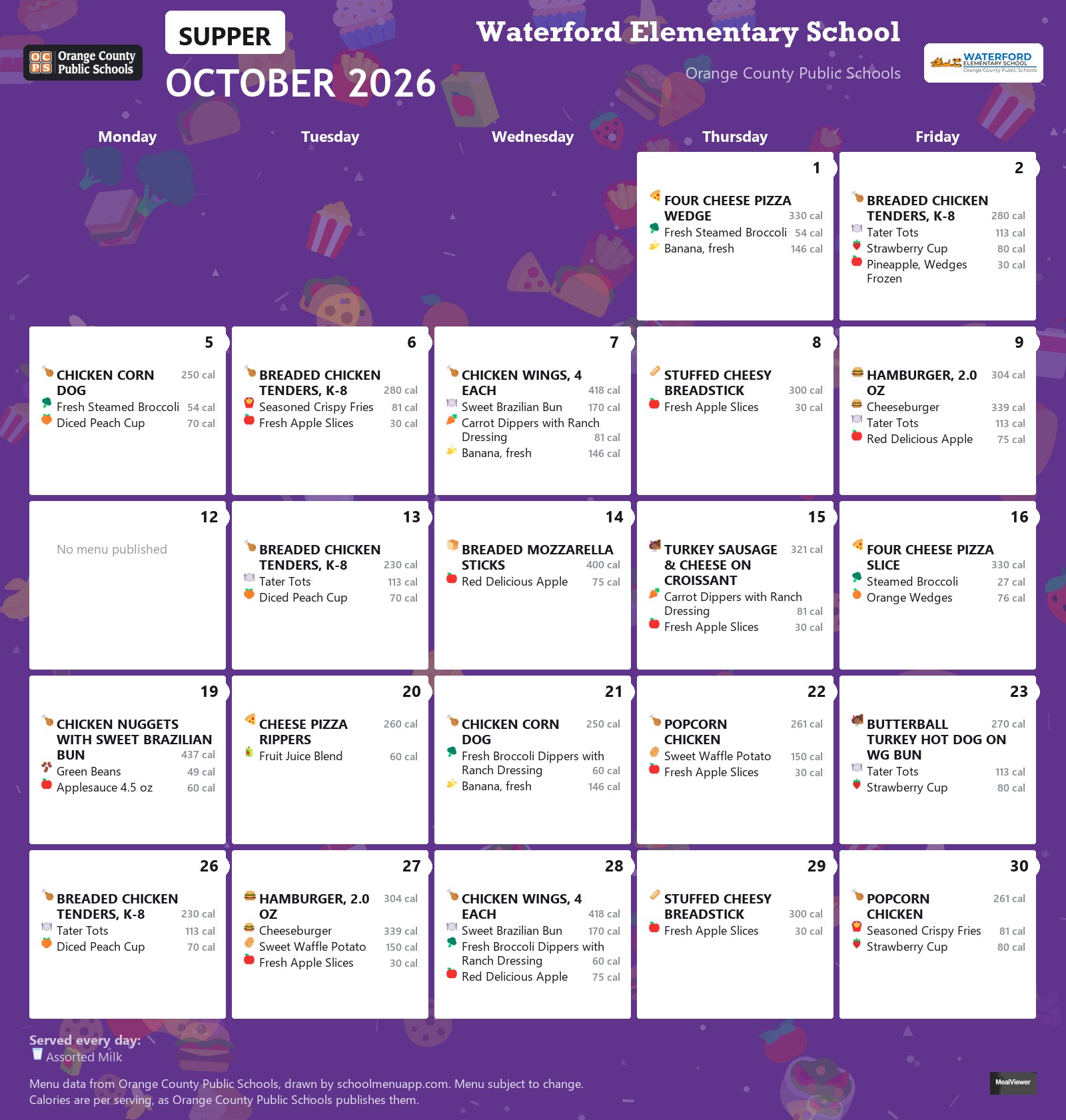 Waterford Elementary School supper menu for October 2026 &mdash; Orange County Public Schools