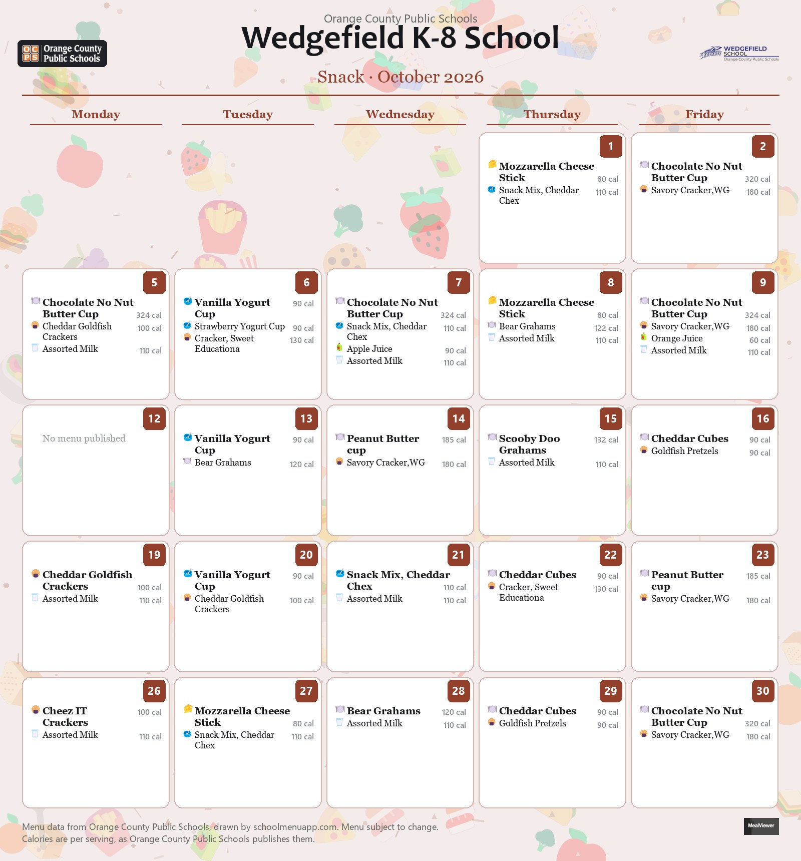 Wedgefield K-8 School snack menu for October 2026 &mdash; Orange County Public Schools