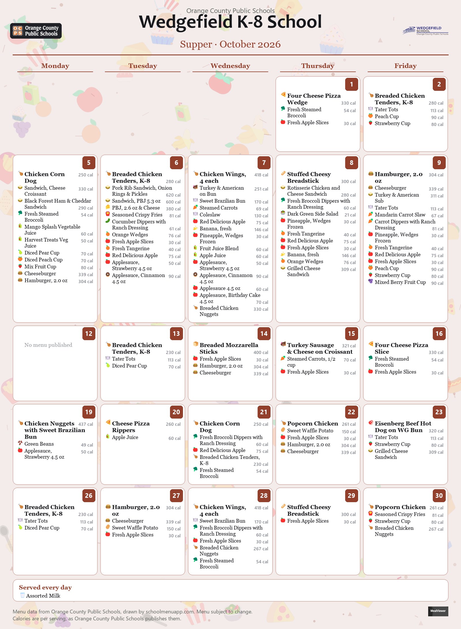 Wedgefield K-8 School supper menu for October 2026 &mdash; Orange County Public Schools
