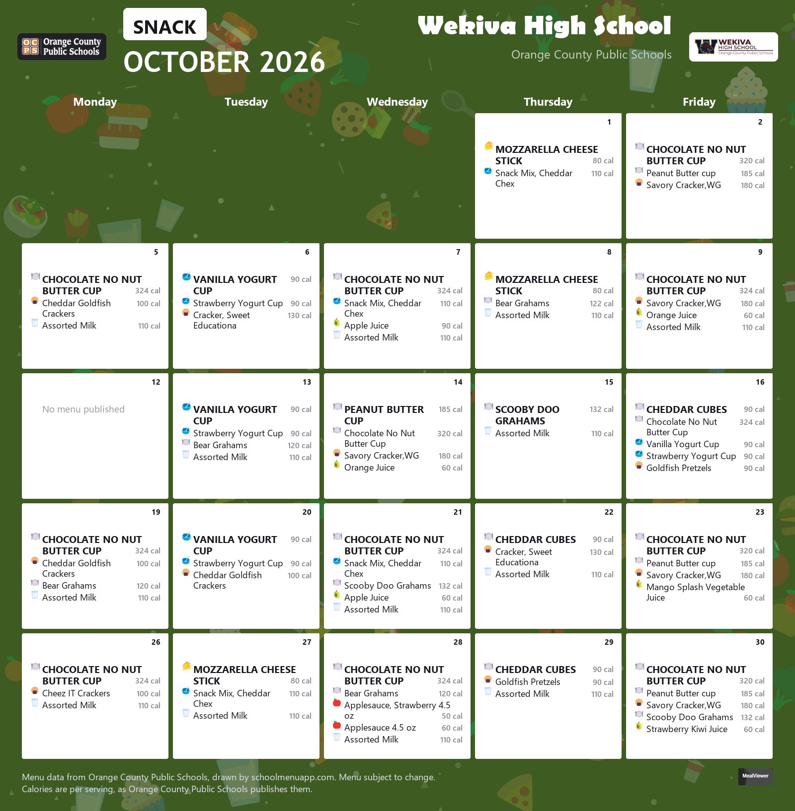 Wekiva High School snack menu for October 2026 &mdash; Orange County Public Schools