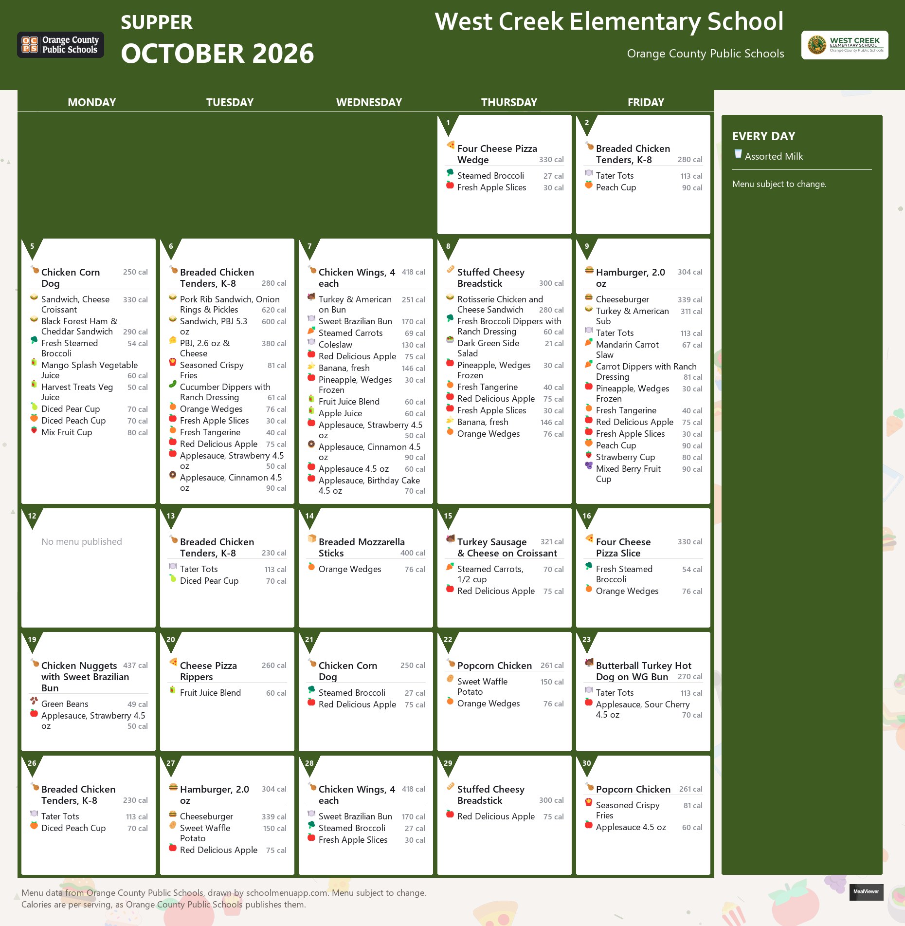West Creek Elementary School supper menu for October 2026 &mdash; Orange County Public Schools