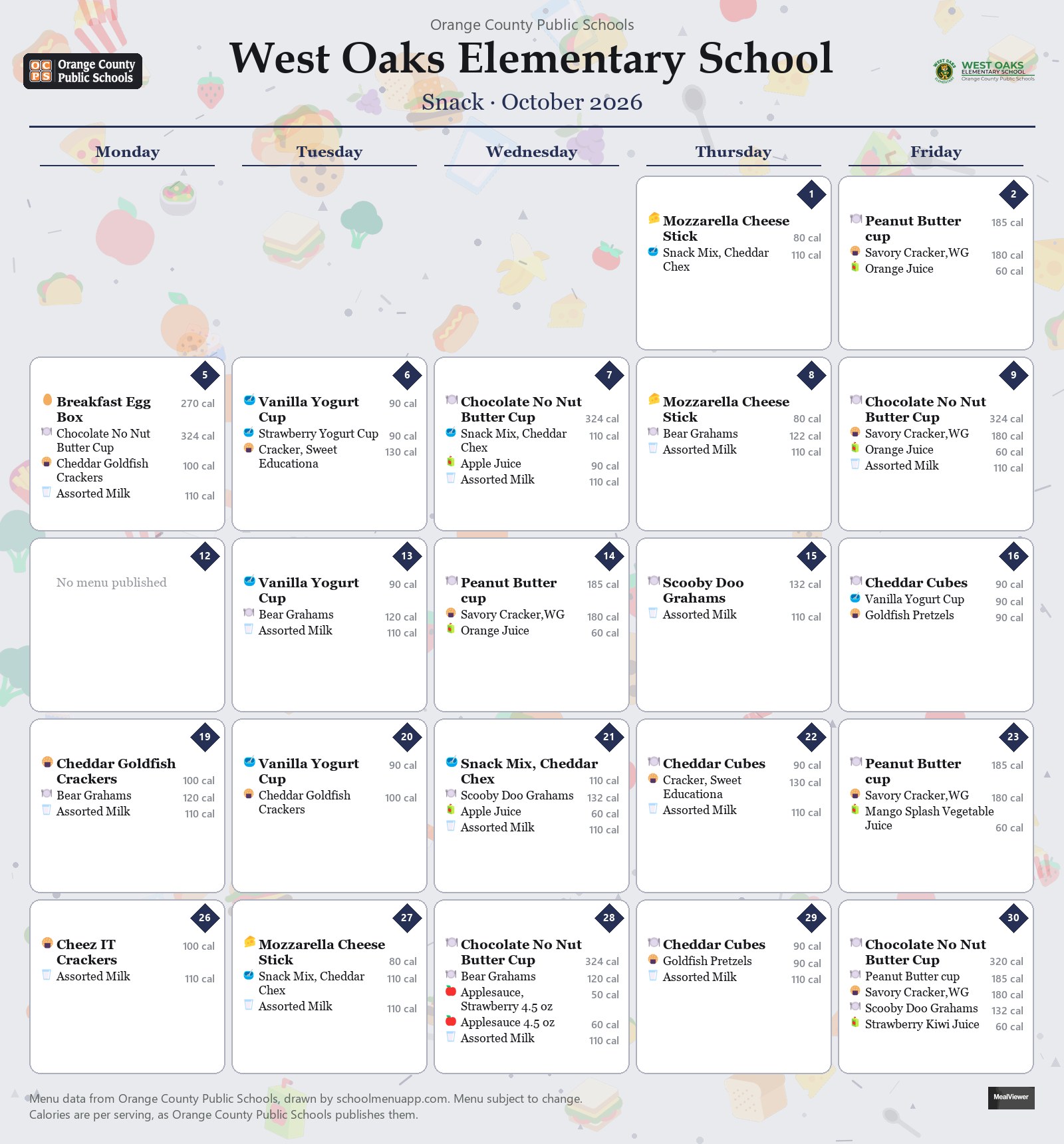 West Oaks Elementary School snack menu for October 2026 &mdash; Orange County Public Schools
