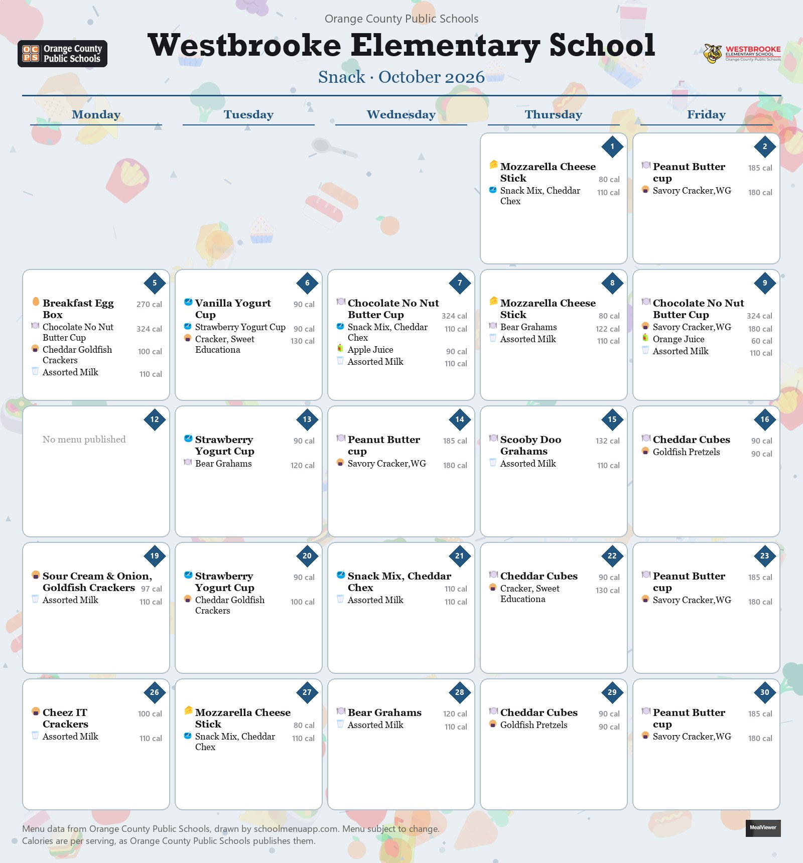 Westbrooke Elementary School snack menu for October 2026 &mdash; Orange County Public Schools