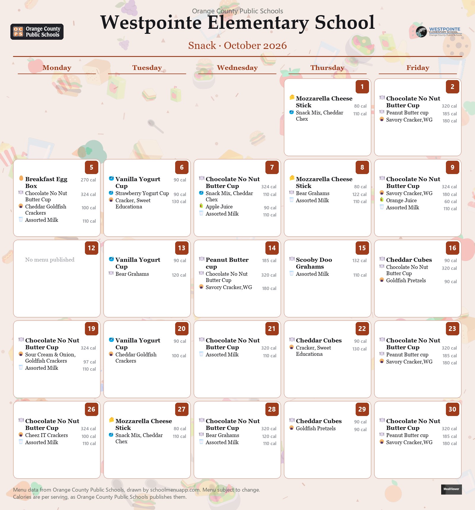 Westpointe Elementary School snack menu for October 2026 &mdash; Orange County Public Schools