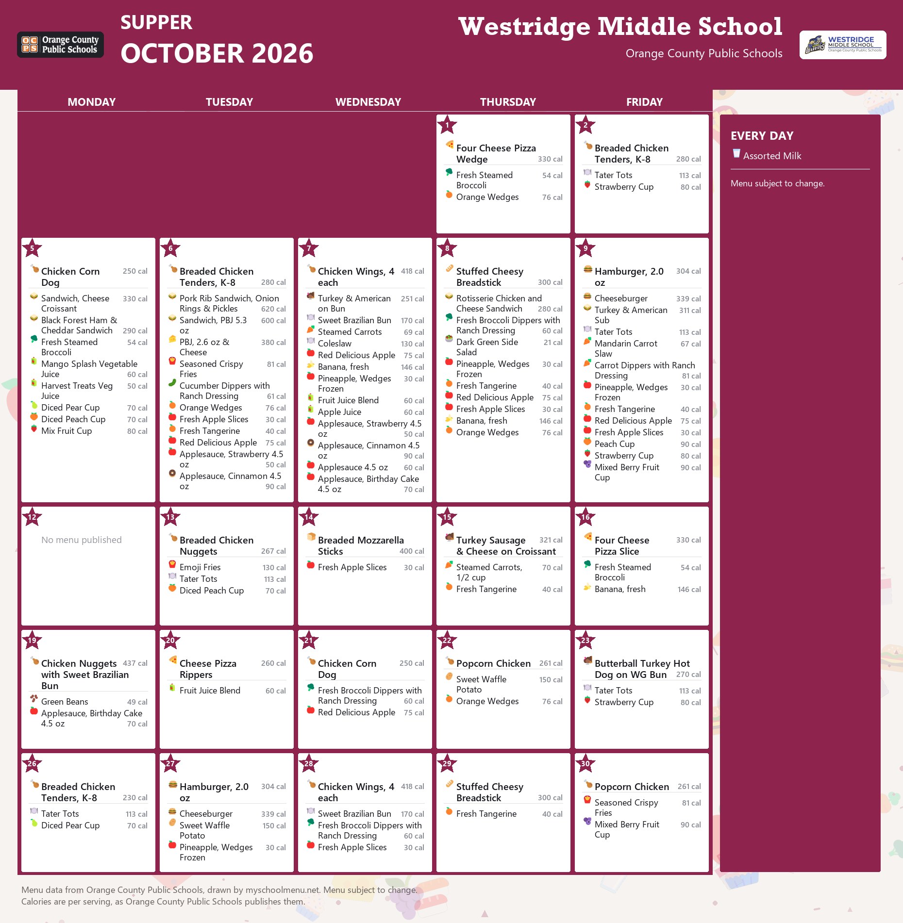 Westridge Middle School supper menu for October 2026 &mdash; Orange County Public Schools