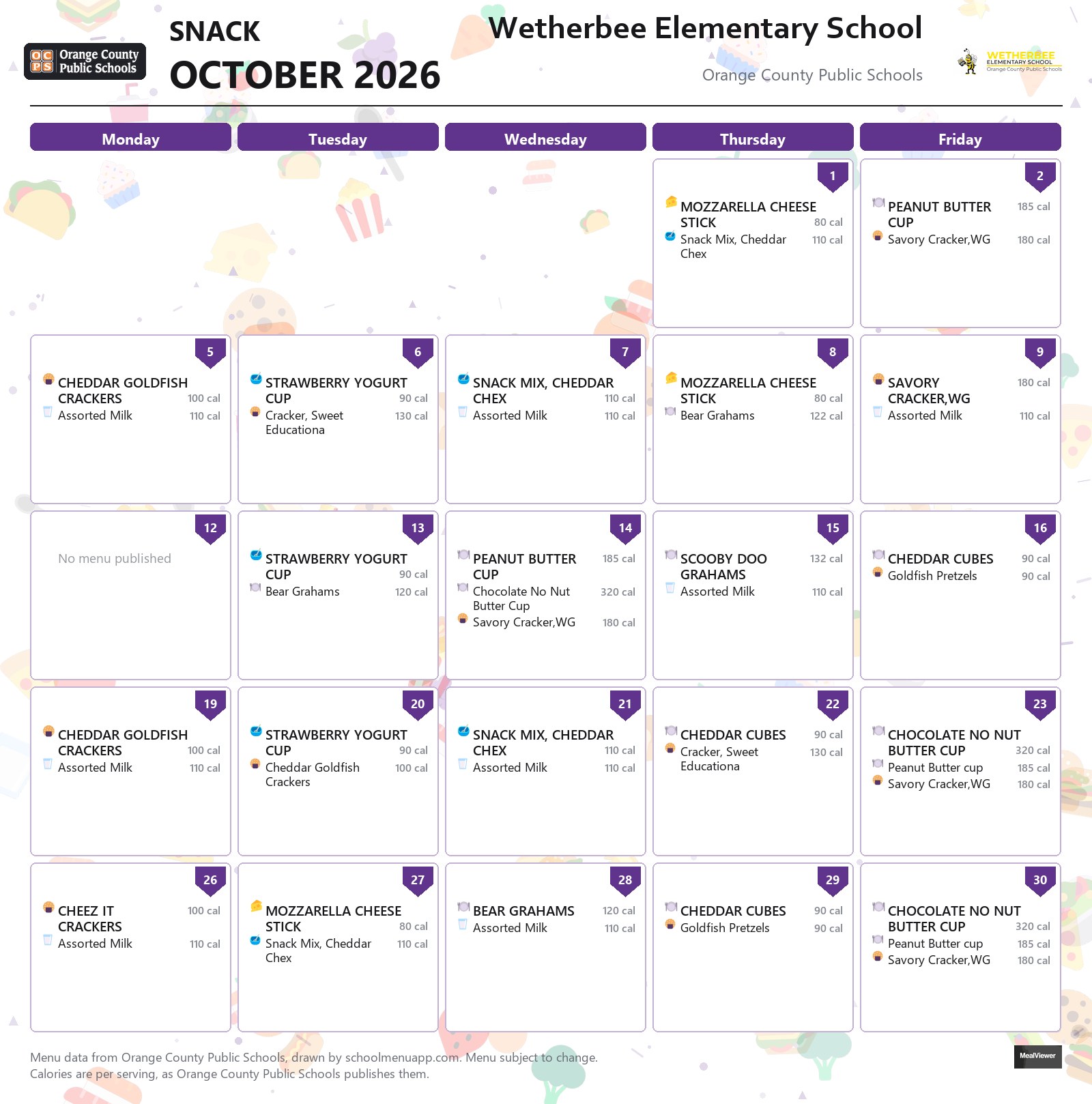 Wetherbee Elementary School snack menu for October 2026 &mdash; Orange County Public Schools