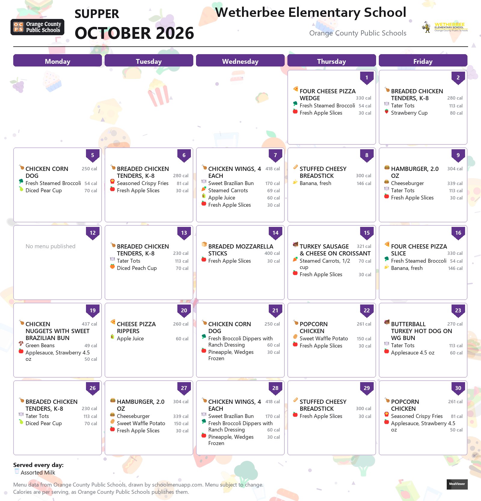 Wetherbee Elementary School supper menu for October 2026 &mdash; Orange County Public Schools